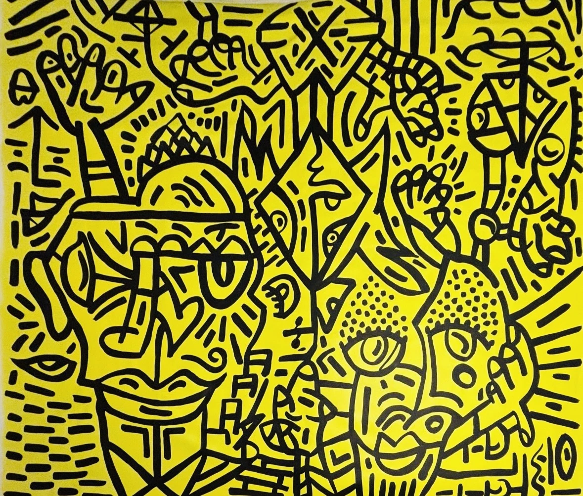 Dos grandes rostros y formas de ojos, manos y flechas en trazo negro sobre fondo amarillo liso. Amarillo. Acrílico sobre lienzo, 180 x 150 cm, 2026. Caracas. Nicolás Lapadula