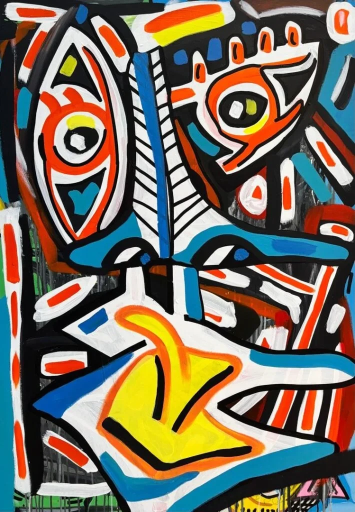 Rostro de frente con dos grandes ojos desiguales y una boca amarilla, en trazos negros gruesos sobre naranja, azul y blanco. Asombro. Acrílico sobre lienzo, 85 x 120 cm, 2026. Caracas. Nicolás Lapadula