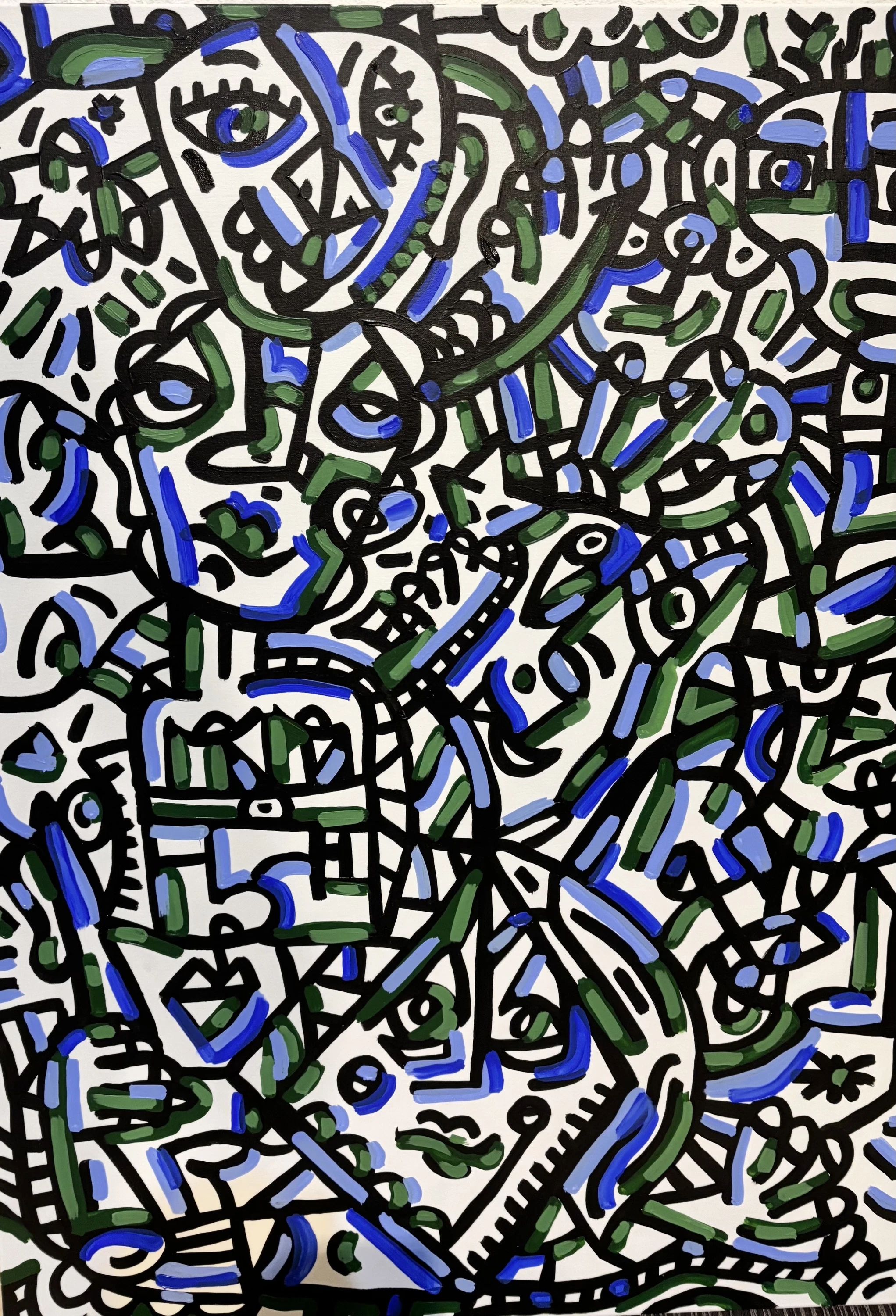 Rostros y figuras entrelazados en trazo negro grueso sobre blanco, con manchas de verde oscuro y azul, sobre lienzo. Búsqueda 1. Acrílico sobre lienzo, 100 x 140 cm, 2025. Caracas. Nicolás Lapadula