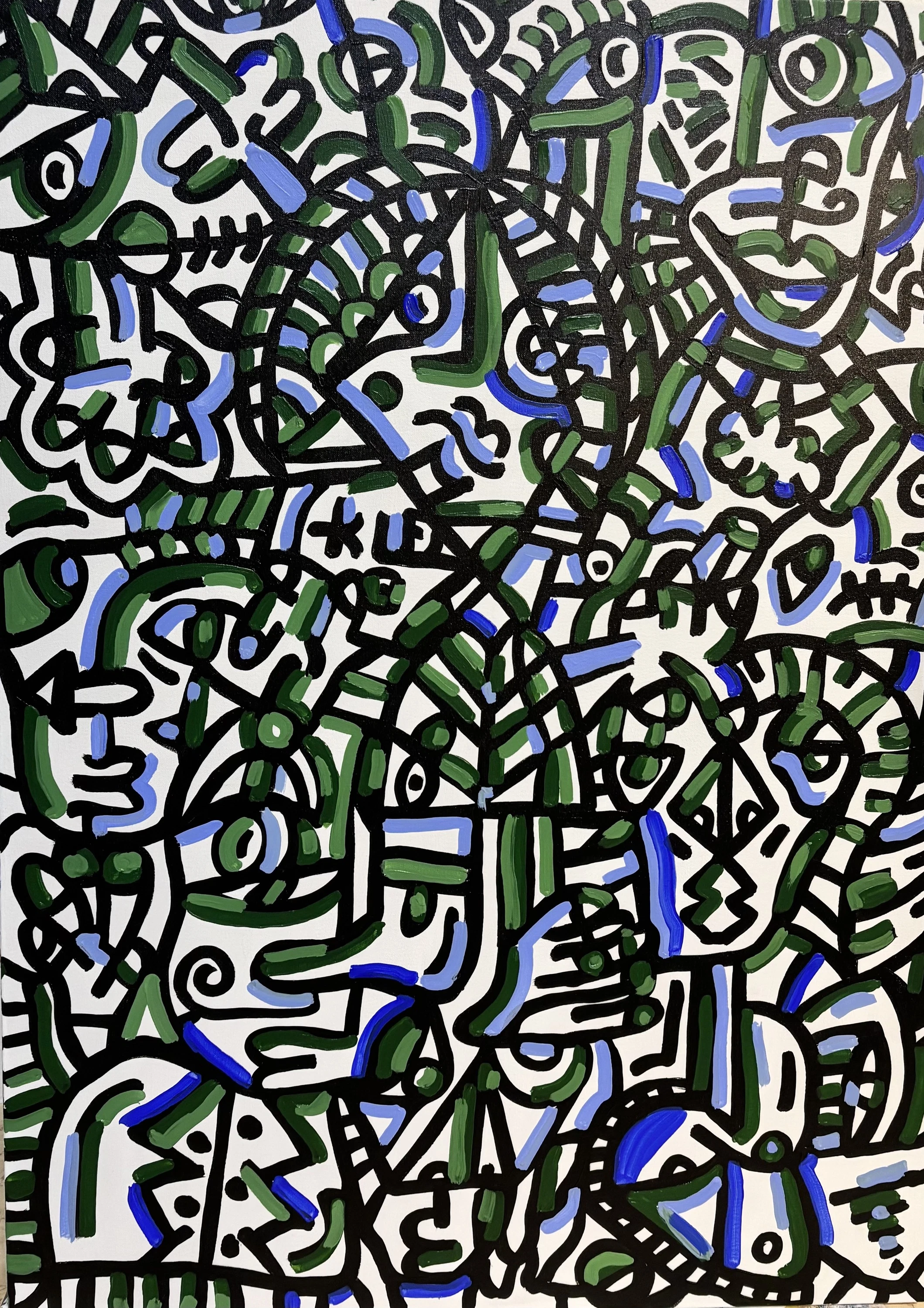 Trama densa de rostros, ojos y formas arqueadas en trazo negro, con marcas verdes y azules sobre fondo blanco. Búsqueda 2. Acrílico sobre lienzo, 100 x 140 cm, 2025. Caracas. Nicolás Lapadula