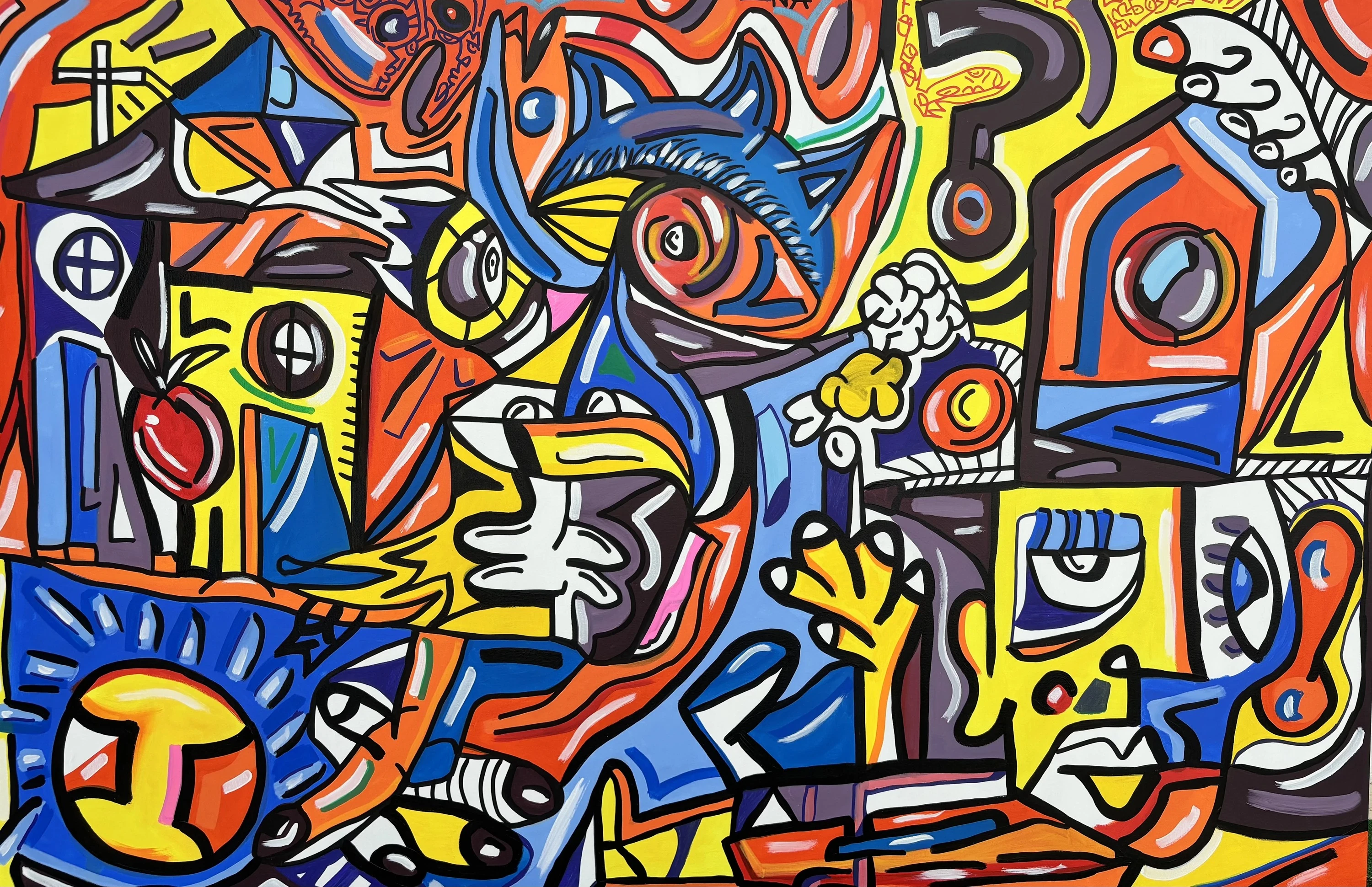 Escena abigarrada de casas, manos, ojos y un pájaro azul, en trazos negros gruesos con amarillo, azul, naranja y rojo. Cotidiano. Acrílico sobre lienzo, 180 x 120 cm, 2026. Caracas. Nicolás Lapadula
