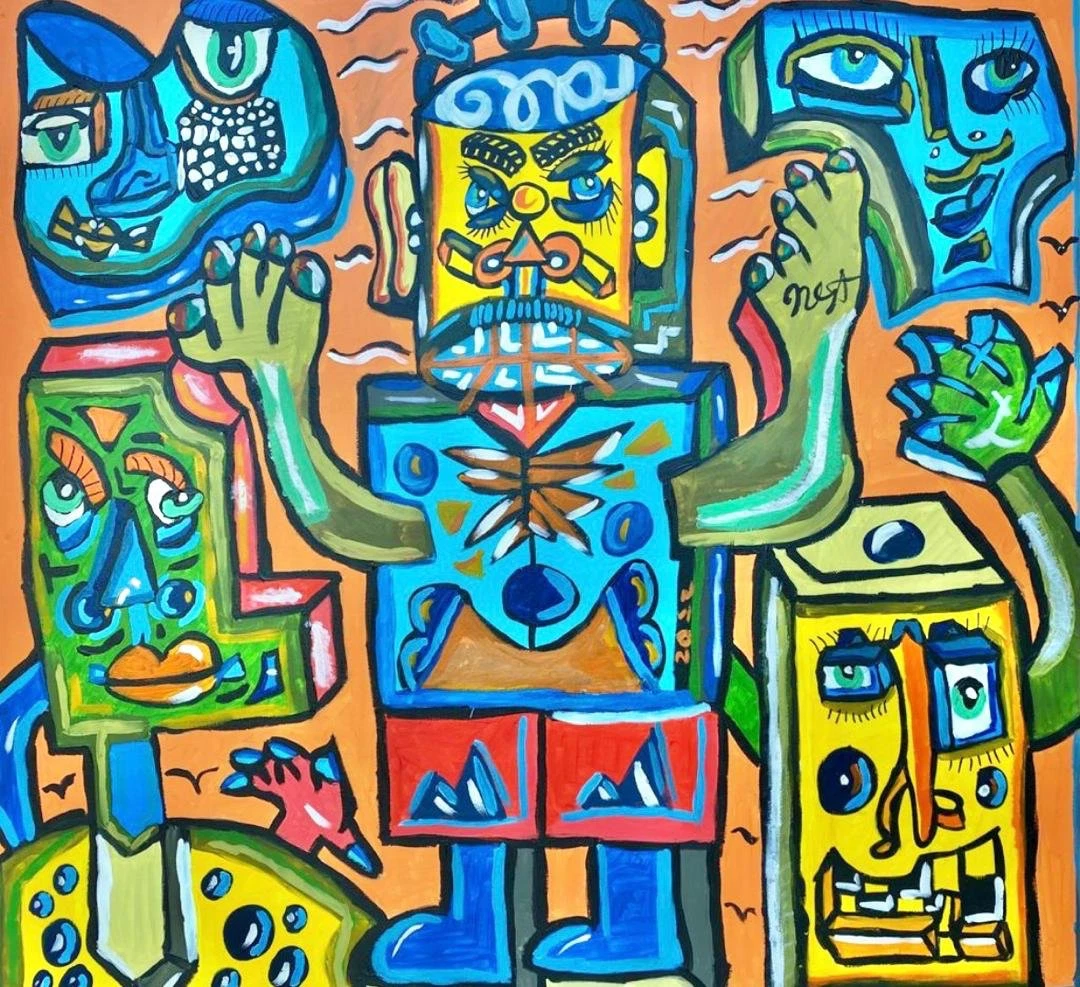 Figura central de cuerpo azul con rostro cuadrado amarillo y bigote, rodeada de rostros en bloque azules, verdes y amarillos sobre fondo naranja. El General. MDF, 115 x 125 cm, 2022. Caracas. Nicolás Lapadula