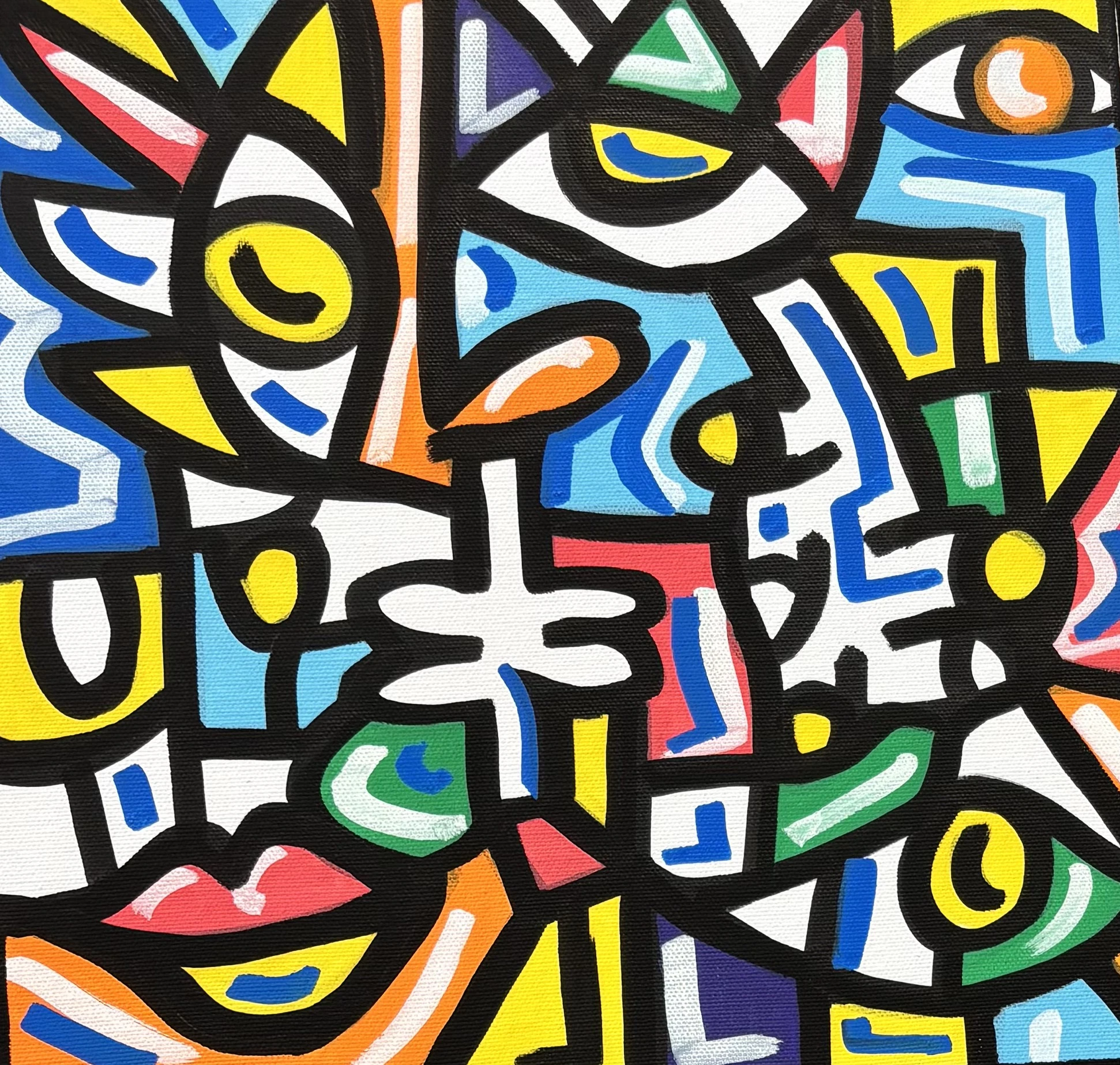 Composición de rostros y ojos fragmentados en celdas de contorno negro, rellenas de azul, amarillo, rojo, verde y blanco. Golf Feelings 4. Acrílico sobre lienzo, 30 x 30 cm, 2026. Caracas. Nicolás Lapadula