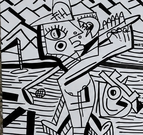 Figura de gorra con un ojo grande y un palo levantado sobre el hombro, rodeada de líneas negras horizontales y bandera a la izquierda. Golf Sense 2. Acrílico sobre lienzo, 30 x 30 cm, 2026. Caracas. Nicolás Lapadula