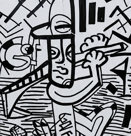 Figura alargada con gorra y rostro de rayas verticales, que sostiene un palo con una mano, en negro sobre blanco. Golf Sense 3. Acrílico sobre lienzo, 30 x 30 cm, 2026. Caracas. Nicolás Lapadula