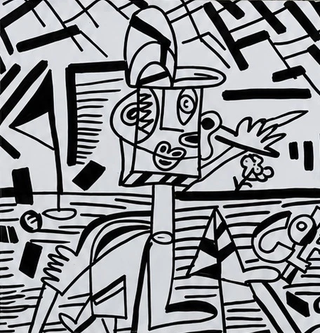 Figura de cabeza cuadrada con visera y un palo extendido hacia la derecha, entre una bandera, una flor y rayas negras sobre blanco. Golf Sense 4. Acrílico sobre lienzo, 30 x 30 cm, 2026. Caracas. Nicolás Lapadula