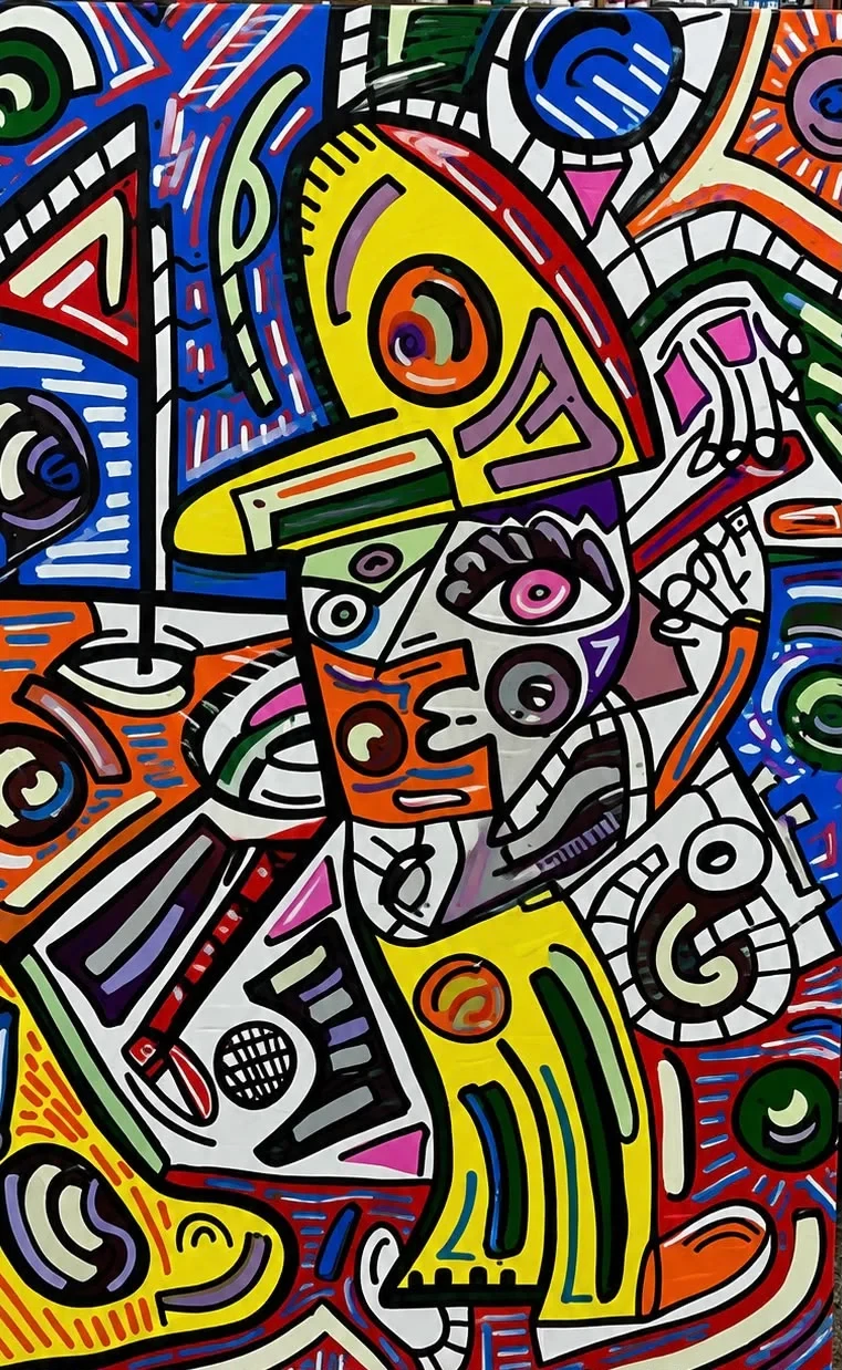 Figura de gorra amarilla y rostro de piezas multicolor, con un palo de golf, entre círculos, rayas y formas rojas, azules, verdes y violetas. Golfist. Acrílico sobre lienzo, 150 x 100 cm, 2026. Caracas. Nicolás Lapadula