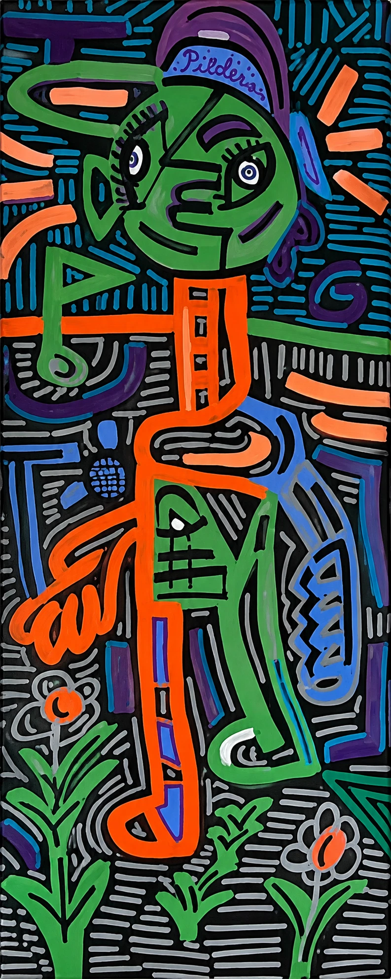 Figura de cabeza verde con gorra violeta y cuerpo naranja, sobre un fondo de líneas grises y azules, con flores verdes abajo. Golfman 1. Acrílico sobre lienzo, 150 x 63 cm, 2026. Caracas. Nicolás Lapadula