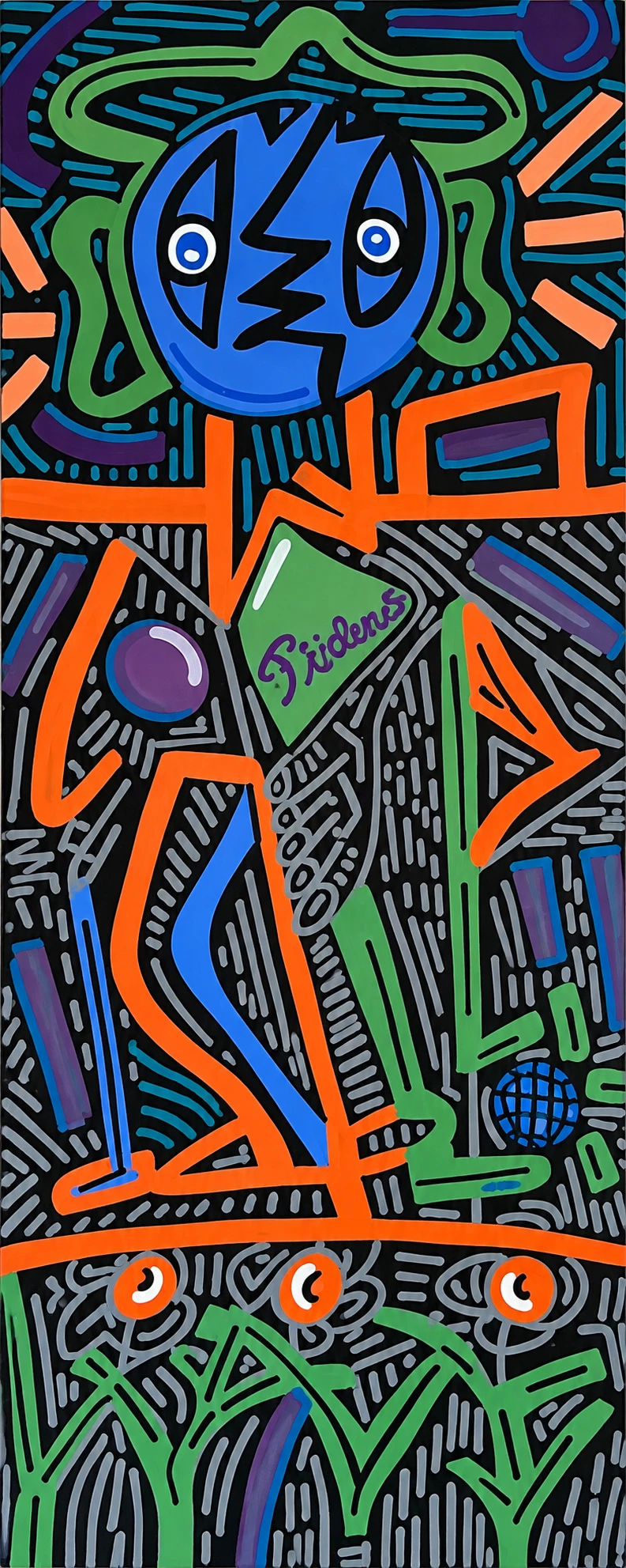 Figura de cabeza azul redonda y cuerpo naranja sobre una tabla naranja, con fondo de líneas grises y azules y plantas verdes abajo. Golfman 2. Acrílico sobre lienzo, 150 x 63 cm, 2026. Caracas. Nicolás Lapadula