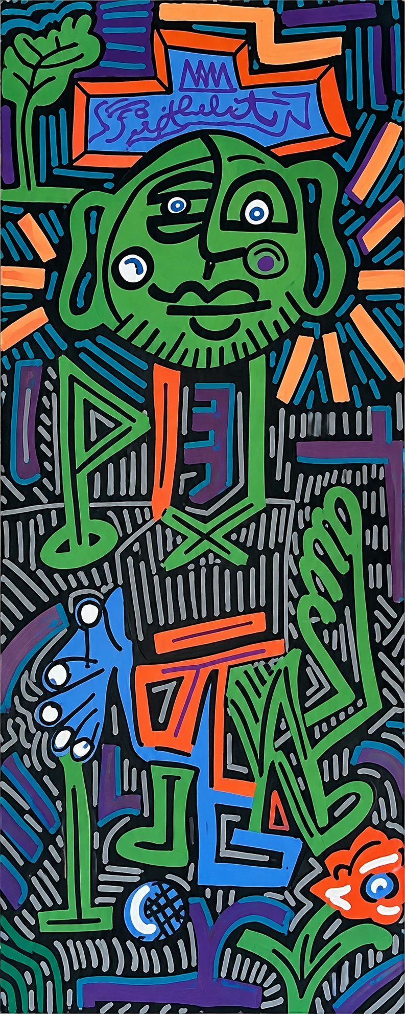 Figura de rostro verde con barba y sombrero azul y naranja, de cuerpo verde en líneas, y una mano azul, sobre fondo de rayas grises. Golfman 3. Acrílico sobre lienzo, 150 x 63 cm, 2026. Caracas. Nicolás Lapadula