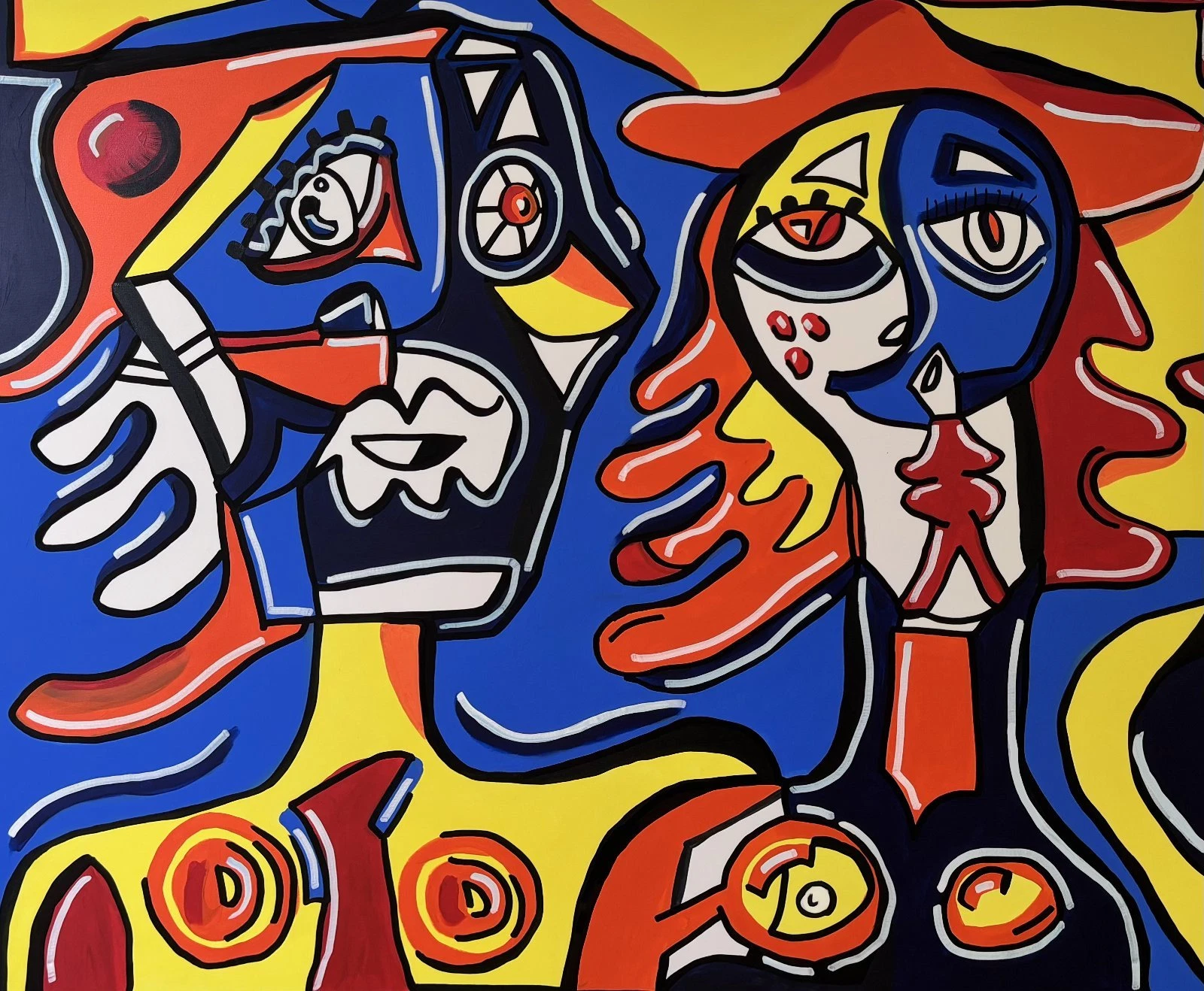 Dos figuras de rostro geométrico lado a lado, una con sombrero rojo y cabello naranja, en azul, rojo, amarillo y crema con contornos negros. Hermandad. Acrílico sobre lienzo, 150 x 120 cm, 2026. Caracas. Nicolás Lapadula