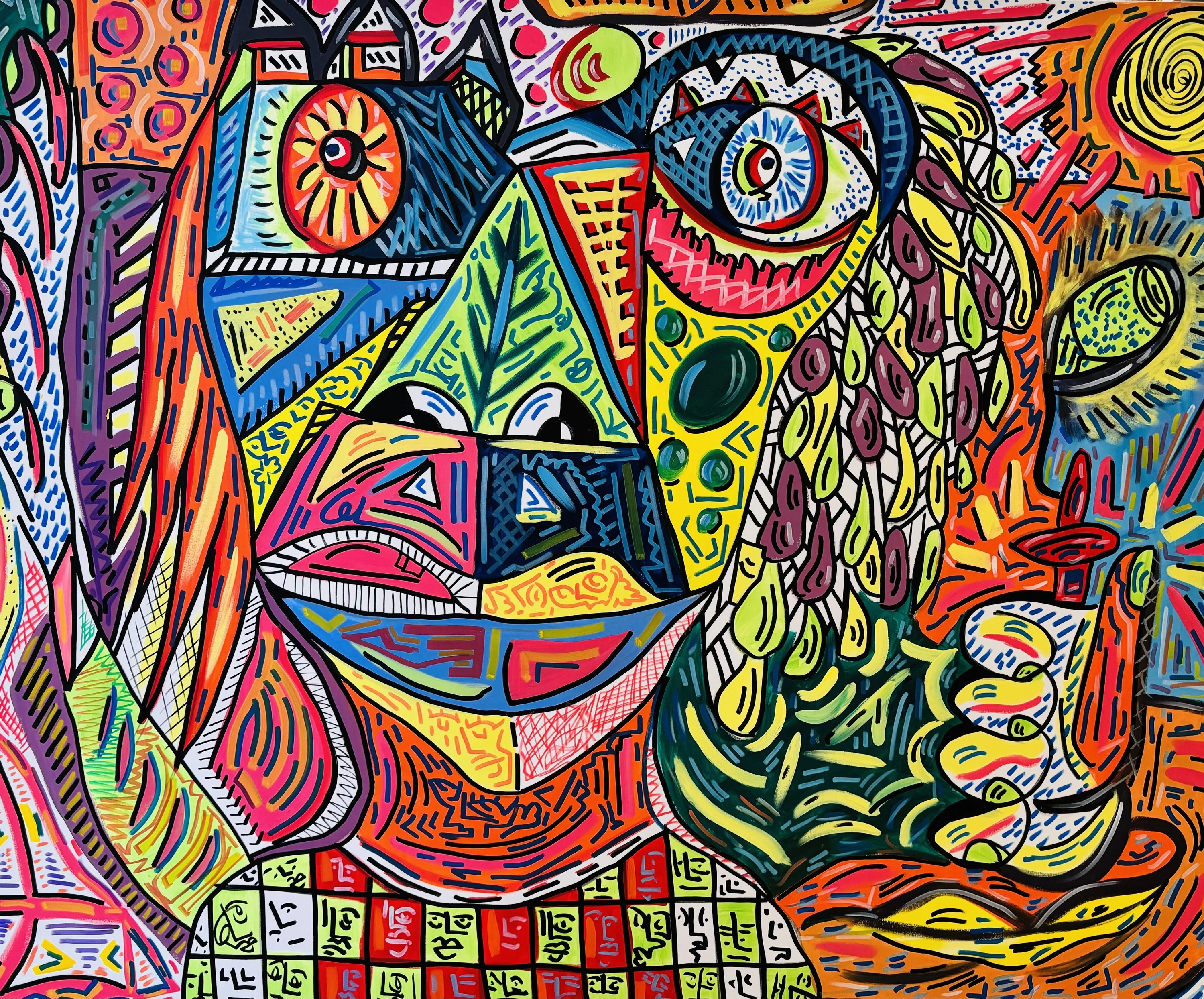 Rostro de perfil muy detallado con dos ojos, en rojos, naranjas, verdes y amarillos con rayas y puntos finos, y una cuadrícula de caras abajo. Hombre con perinola. Acrílico sobre lienzo, 200 x 160 cm, 2025. Caracas. Nicolás Lapadula