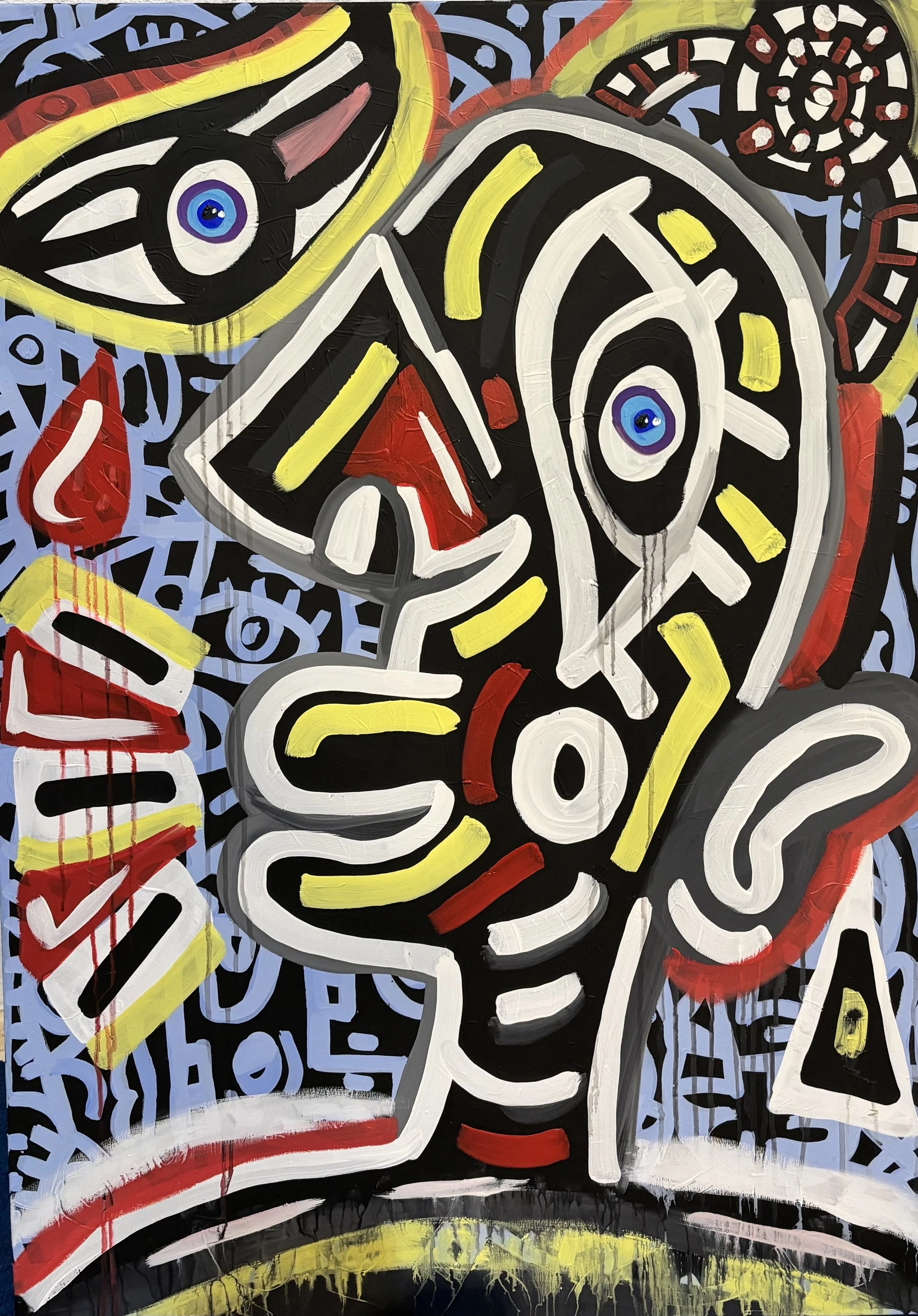 Rostro negro de perfil con ojos azules y trazos blancos, amarillos y rojos, junto a un ojo grande y una vela, sobre fondo azul claro. Llanto. Acrílico sobre lienzo, 85 x 120 cm, 2026. Caracas. Nicolás Lapadula
