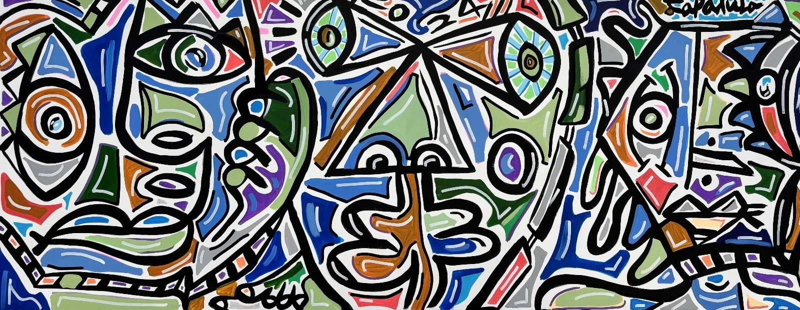 Franja ancha con varios rostros geométricos entrelazados, en azul, verde, marrón, violeta y blanco con contornos negros finos. Motorino. Acrílico sobre lienzo, 252 x 100 cm, 2024. Caracas. Nicolás Lapadula