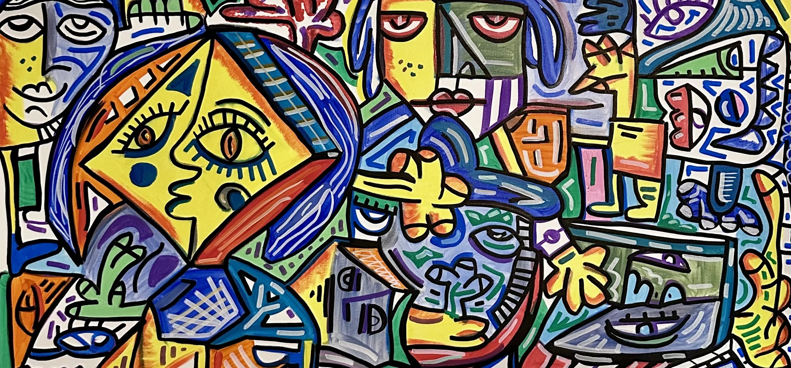 Apretado grupo de rostros y manos de perfil y de frente, en amarillo, azul, verde, naranja y rojo con contornos negros. Multitud. Acrílico sobre lienzo, 130 x 66 cm, 2025. Madrid. Nicolás Lapadula