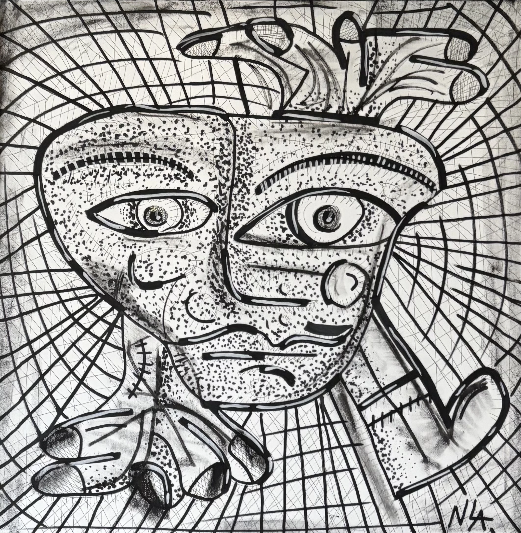 Rostro de ojos grandes y punteado, con una mano y un objeto alargado, sobre una red de líneas negras radiales, en blanco y negro. Recogelatas en Madrid. Acrílico sobre lienzo, 50 x 50 cm, 2025. Madrid. Nicolás Lapadula