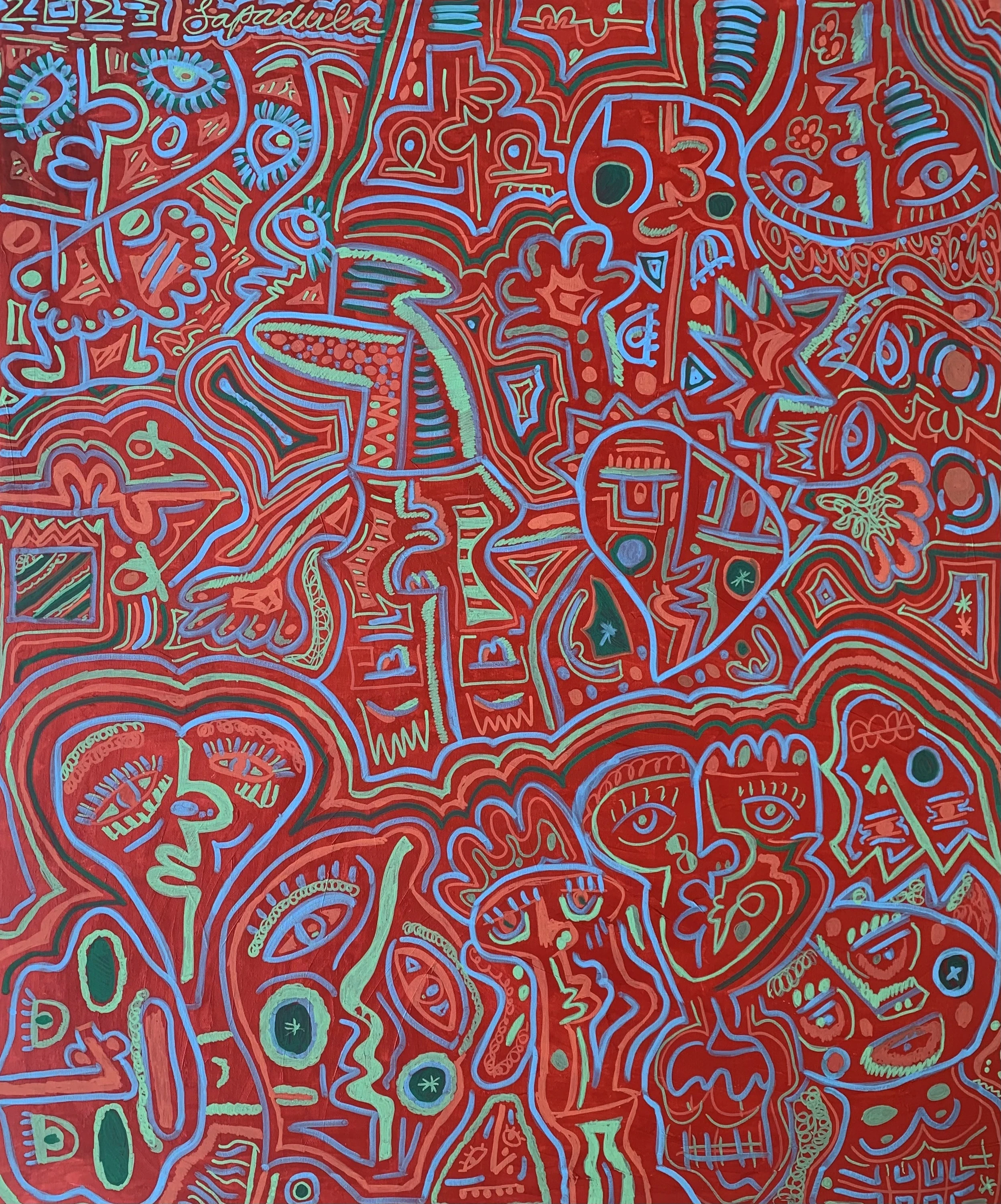 Rostros, ojos y figuras pequeñas en líneas azules y verde menta sobre un fondo rojo. Rojo. Acrílico sobre lienzo, 100 x 80 cm, 2023. Caracas. Nicolás Lapadula