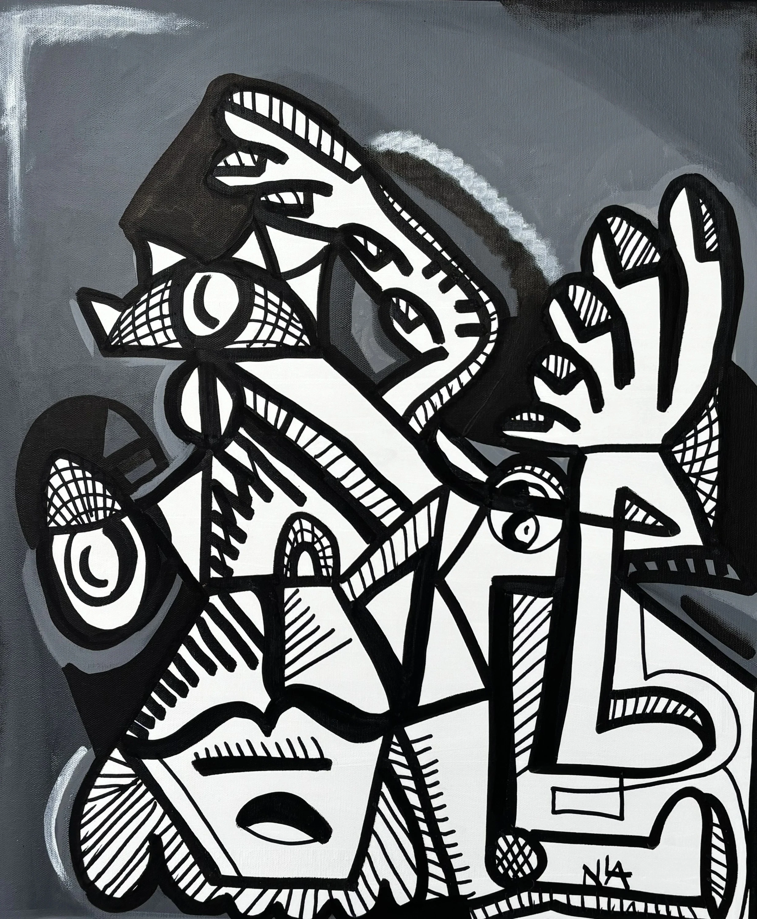 Rostros, manos y ojos de contornos negros con rayado, en blanco sobre fondo gris con un borde negro arriba. Rostros. Acrílico sobre lienzo, 50 x 60 cm, 2026. Caracas. Nicolás Lapadula
