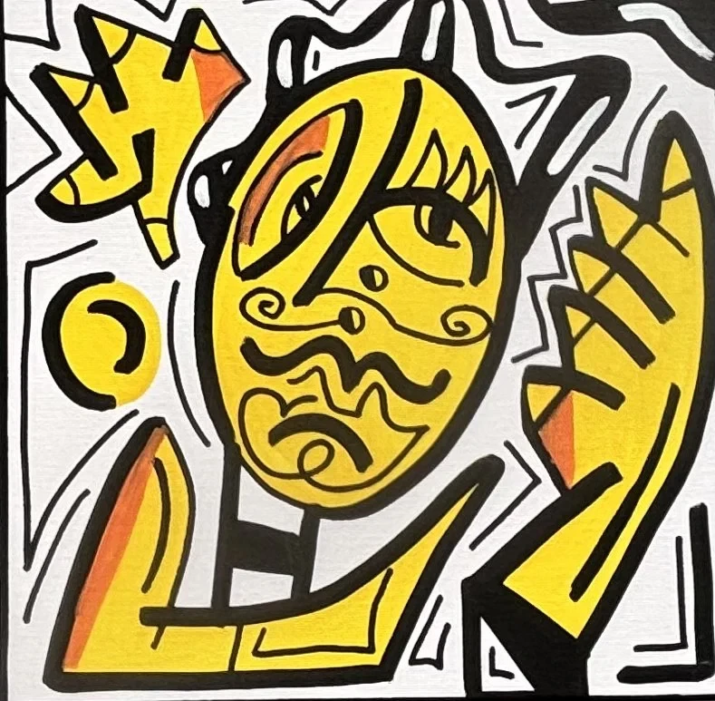 Rostro oval amarillo con bigote y rizos en trazo negro, sobre fondo blanco, con una hoja y una forma curva amarillas a los lados. Sin título. Acrílico sobre lienzo, 30 x 30 cm, 2026. Caracas. Nicolás Lapadula