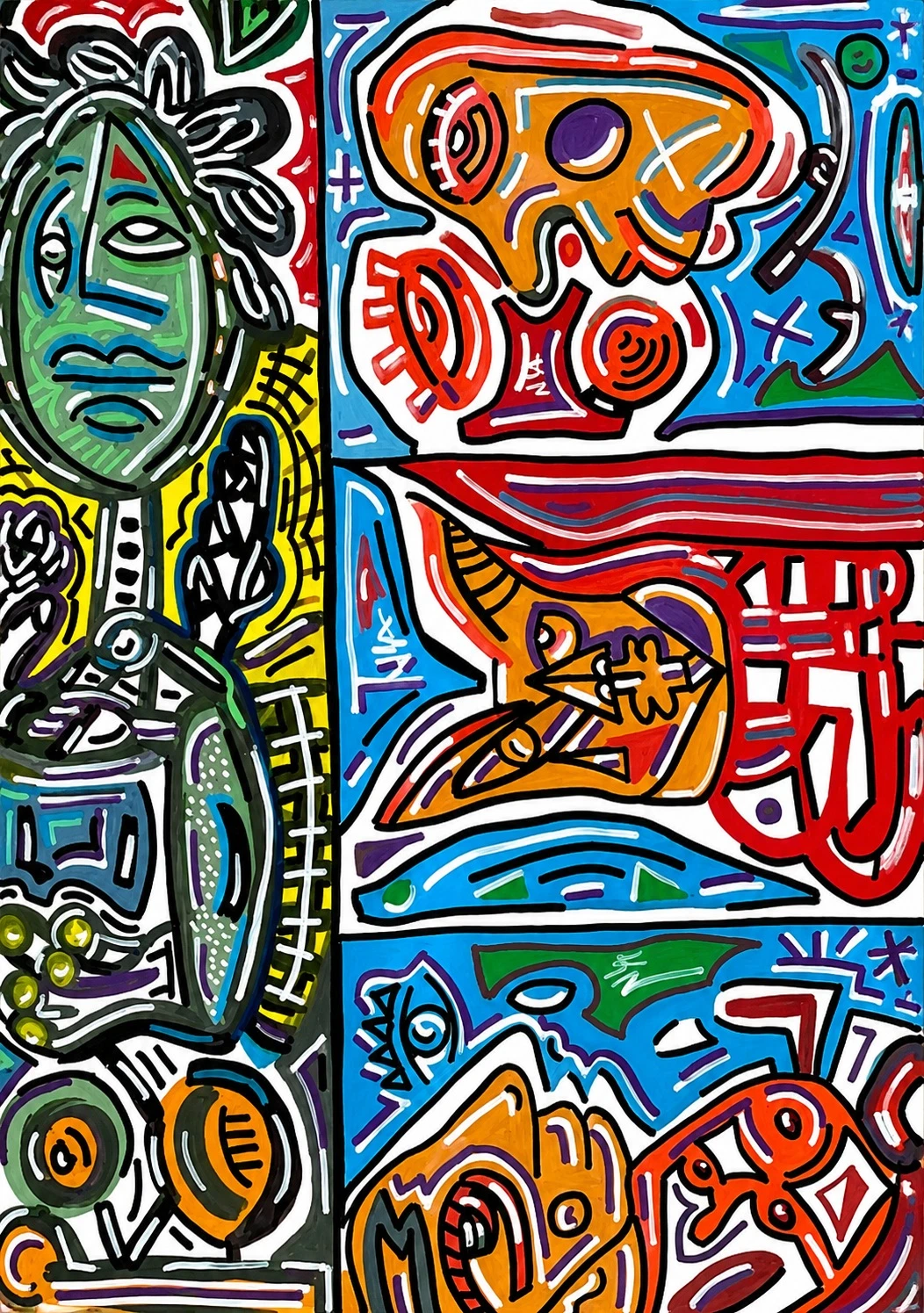 Figura alargada de rostro verde a la izquierda y tres recuadros de formas naranjas, rojas y azules a la derecha, con trazos de colores. Sin título. Acrílico sobre lienzo, 155 x 110 cm, 2026. Miami. Nicolás Lapadula