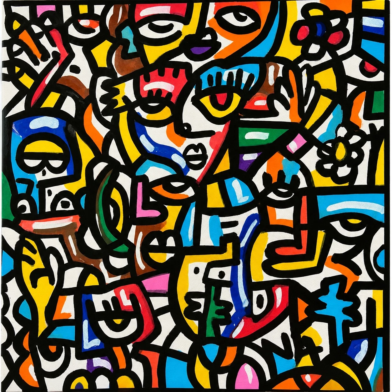 Rostros, ojos, flores y manos apretados en un mosaico de amarillo, azul, rojo, naranja y verde, con gruesos contornos negros sobre blanco. Sin título. Acrílico sobre lienzo, 30 x 30 cm, 2026. Caracas. Nicolás Lapadula
