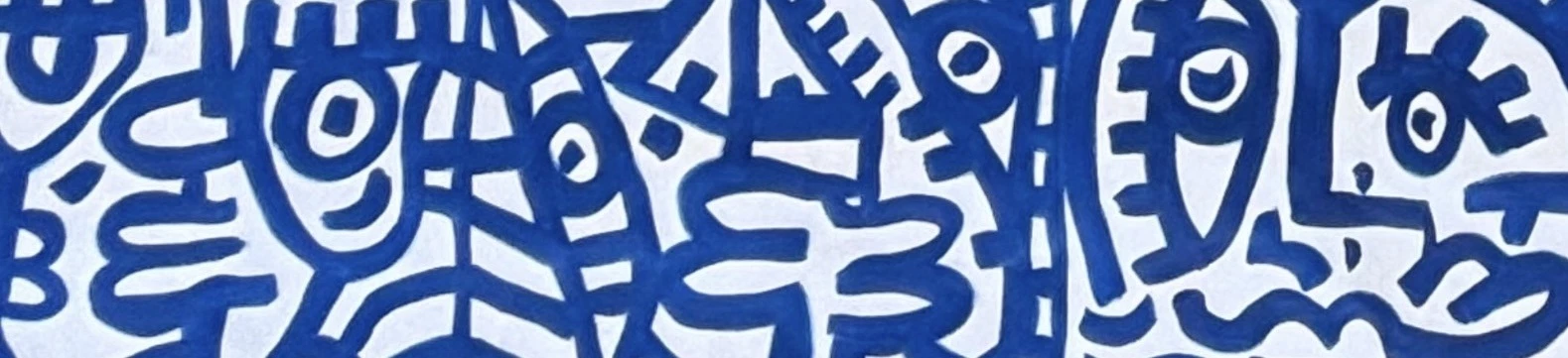 Franja horizontal de rostros, ojos y líneas en azul intenso sobre fondo blanco azulado. Sin título. Acrílico sobre lienzo, 150 x 30 cm, 2026. Miami. Nicolás Lapadula