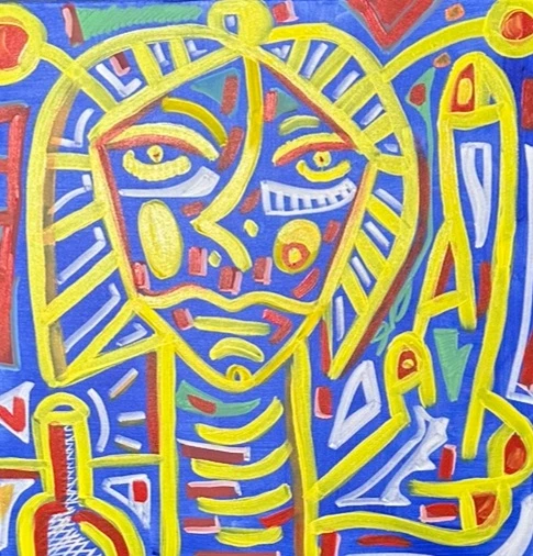 Rostro de frente con tocado, ojos amarillos y cuerpo de costillas, en trazo amarillo sobre fondo azul con toques rojos y blancos. Sin título. Acrílico sobre lienzo, 60 x 60 cm, 2025. Madrid. Nicolás Lapadula