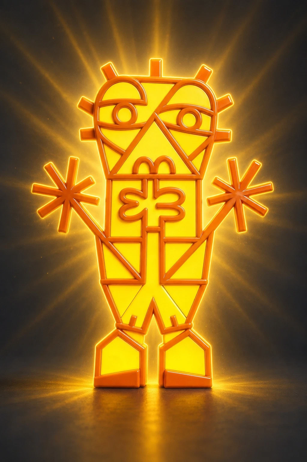 Figura frontal de rostro geométrico con brazos abiertos en forma de estrella, en naranja y amarillo brillante con rayos de luz sobre fondo oscuro. Sin título. Nicolás Lapadula