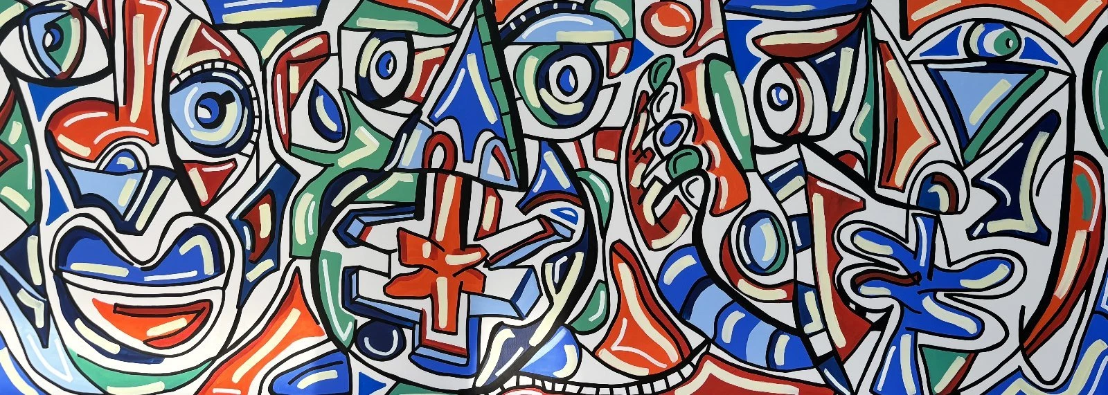 Varios rostros y una mano en formato horizontal, con rojo, azul, verde y blanco divididos por contornos negros gruesos. Sin título. Acrílico sobre lienzo, 270 x 100 cm, 2026. Caracas. Nicolás Lapadula