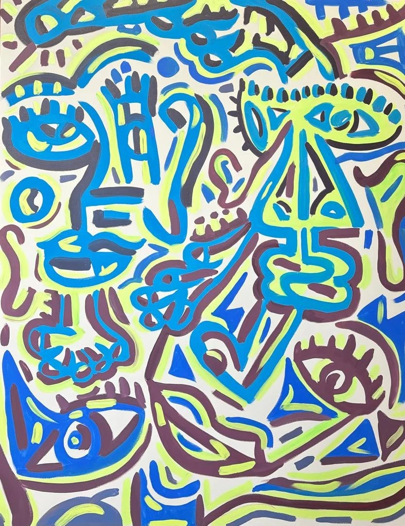 Rostros y ojos en trazo azul y verde lima con líneas marrón oscuro sobre fondo blanco crudo. Sin título. Acrílico sobre lienzo, 120 x 150 cm, 2025. Caracas. Nicolás Lapadula