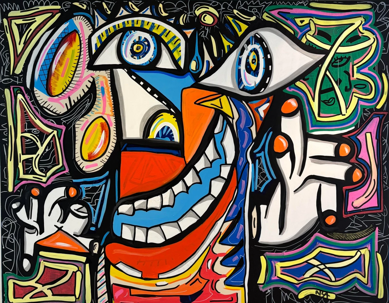 Rostro de gran sonrisa con dientes blancos, dos ojos enormes y una mano blanca, en colores vivos sobre fondo negro garabateado en blanco. Sin título. Acrílico sobre lienzo, 200 x 160 cm, 2025. Caracas. Nicolás Lapadula