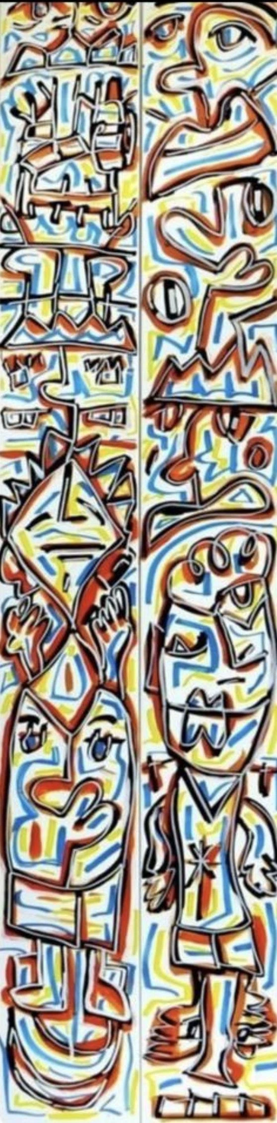 Dos tiras verticales con rostros y figuras apilados en trazo negro, con toques rojos, azules y amarillos sobre fondo claro. Sin título. Acrílico sobre hierro, 240 x 60 cm, 2023. Caracas. Nicolás Lapadula