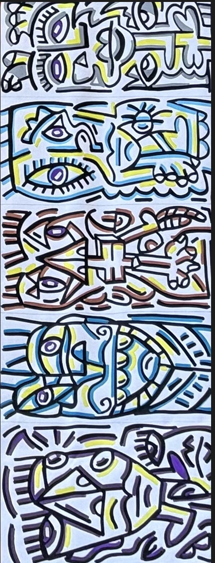 Cinco bandas horizontales de rostros y ojos en trazo negro, con líneas amarillas, celestes, marrones y moradas sobre fondo claro, en formato vertical. Sin título. Acrílico sobre lienzo, 150 x 50 cm, 2026. Miami. Nicolás Lapadula