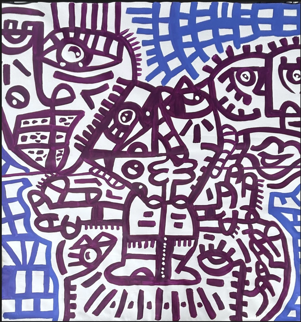 Rostros con ojos grandes y pestañas en trazo morado oscuro sobre blanco, con rejillas azules en las esquinas. Sin título. Acrílico sobre lienzo, 130 x 150 cm, 2026. Miami. Nicolás Lapadula