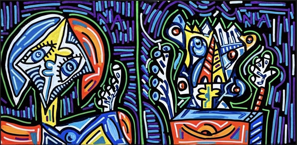 Dos paneles verticales: a la izquierda un busto de perfil quebrado en azul, naranja y amarillo; a la derecha formas de ojos y manos, con trazos azules y violetas sobre negro. Sin título. Acrílico sobre lienzo, 150 x 70 cm, 2026. Miami. Nicolás Lapadula