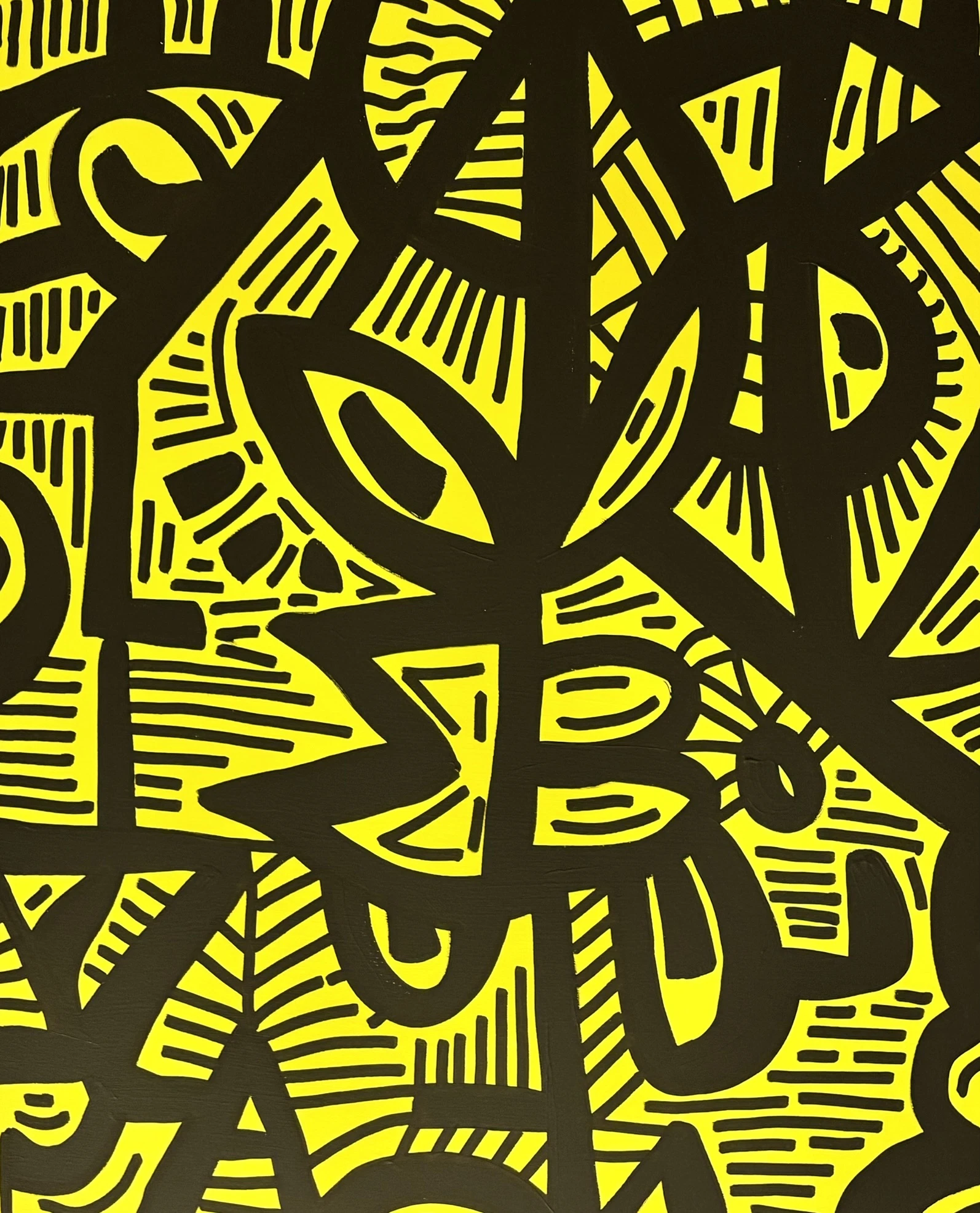 Entramado de gruesos trazos negros sobre amarillo intenso, con ojos en forma de almendra y franjas de rayas cortas entre las formas. Sin título. Acrílico sobre lienzo, 80 x 100 cm, 2026. Madrid. Nicolás Lapadula