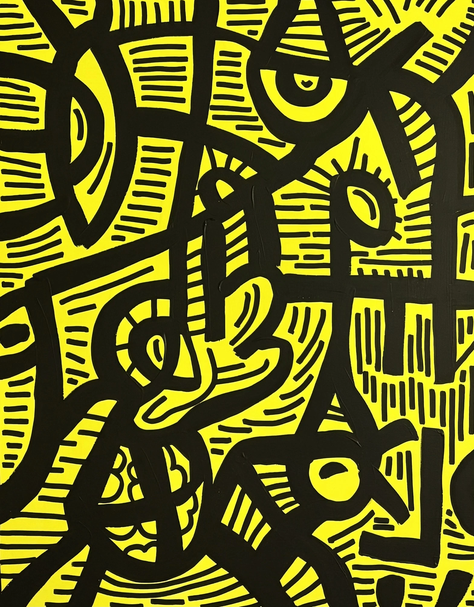 Líneas negras gruesas y enroscadas sobre amarillo, con ojos pequeños, formas circulares y filas de rayas cortas que llenan el fondo. Sin título. Acrílico sobre lienzo, 80 x 100 cm, 2026. Madrid. Nicolás Lapadula