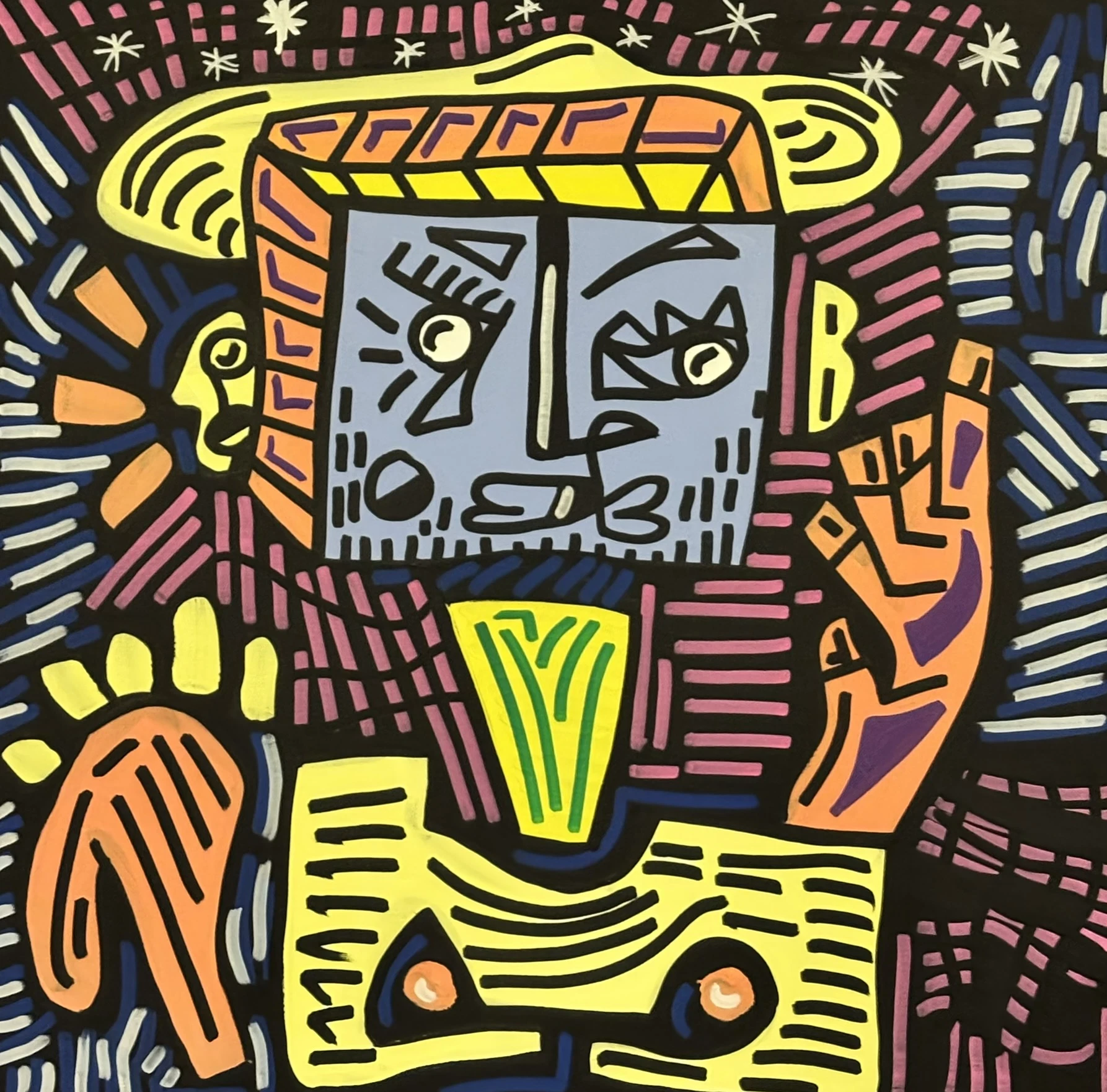 Figura de rostro cuadrado gris azulado con sombrero amarillo, una mano naranja alzada y un pecho amarillo, sobre negro con estrellas blancas. Sin título. Acrílico sobre lienzo, 80 x 80 cm, 2026. Madrid. Nicolás Lapadula