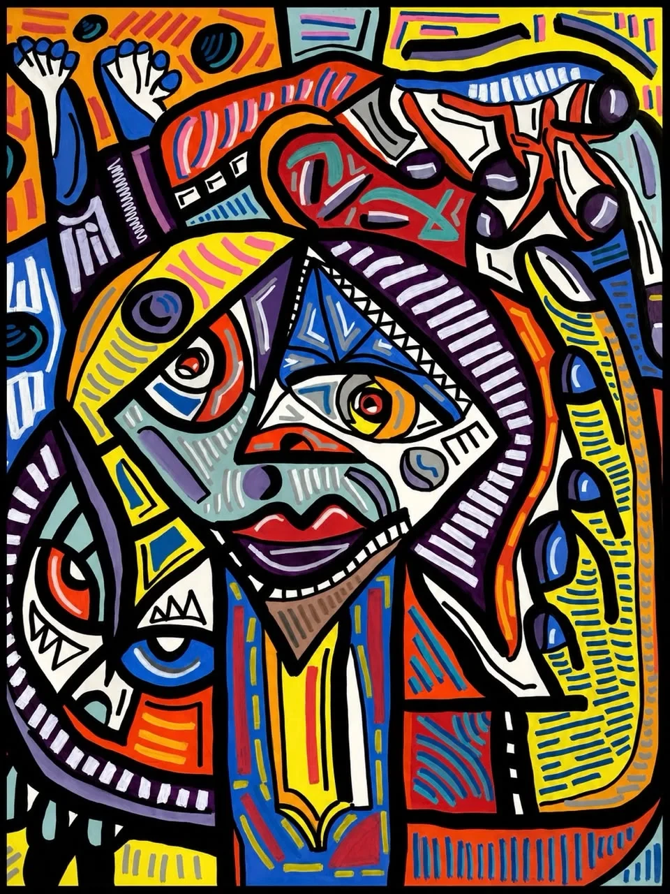 Rostro en forma de rombo con labios rojos y un ojo naranja, rodeado de ojos, manos y bloques de azul, rojo, amarillo y morado con rayas finas. Sin título. Acrílico sobre lienzo, 150 x 129 cm, 2026. Caracas. Nicolás Lapadula