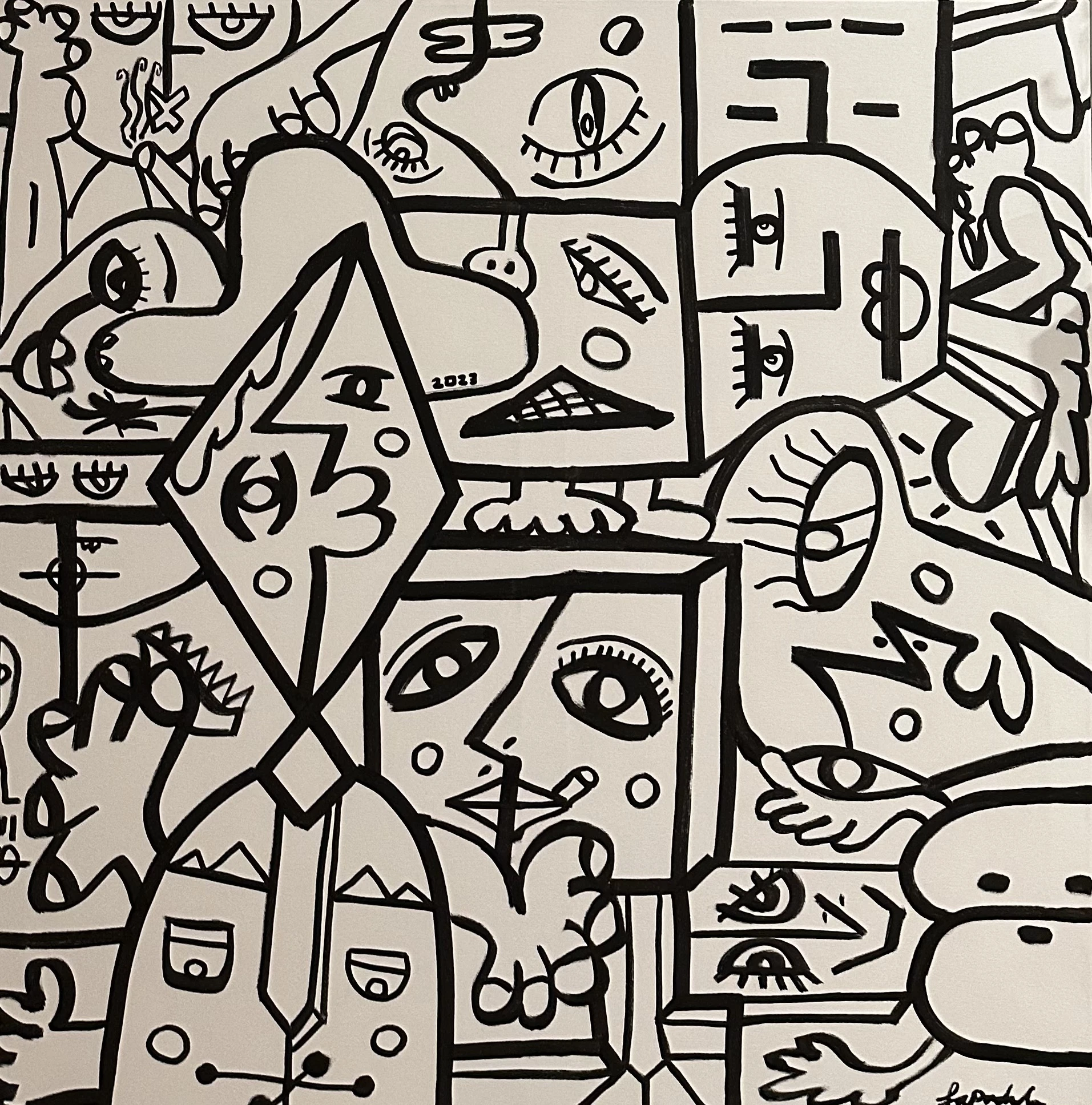 Muchos rostros, ojos y manos dibujados en línea negra sobre blanco, apretados en cuadrículas. Sin título. Acrílico sobre lienzo, 120 x 100 cm, 2023. Madrid. Nicolás Lapadula