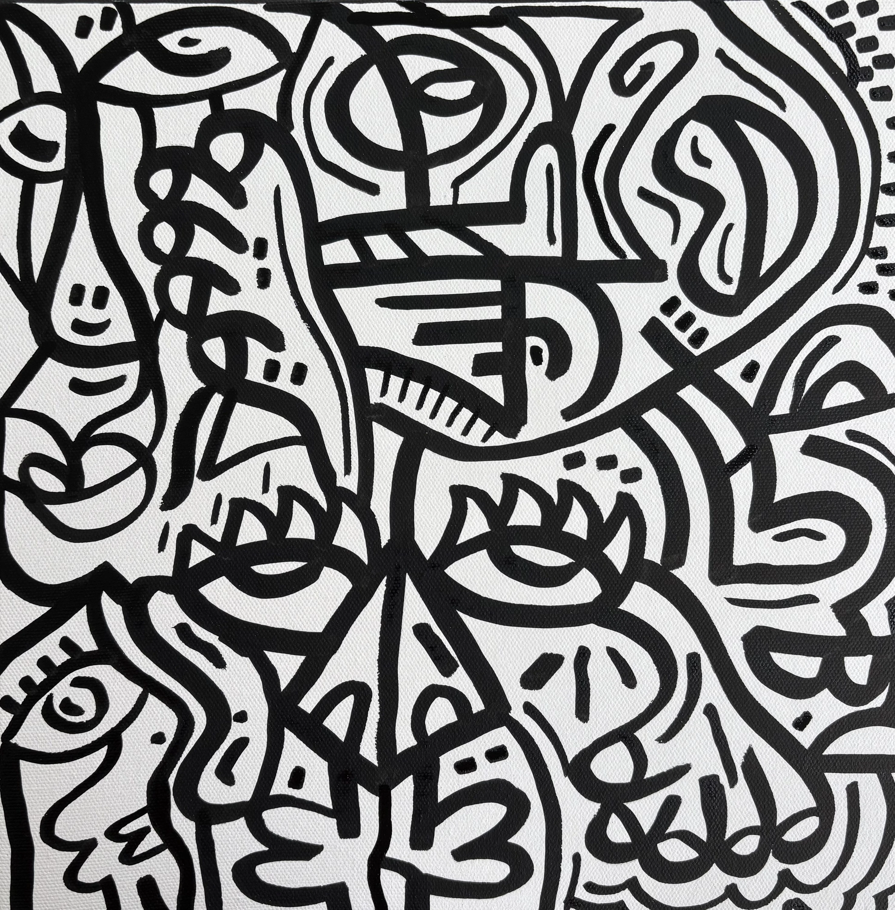 Ojos con pestañas, rostros y formas enroscadas en trazo negro grueso sobre lienzo blanco, en una composición cuadrada y apretada. Sin título. Acrílico sobre lienzo, 30 x 30 cm, 2026. Caracas. Nicolás Lapadula
