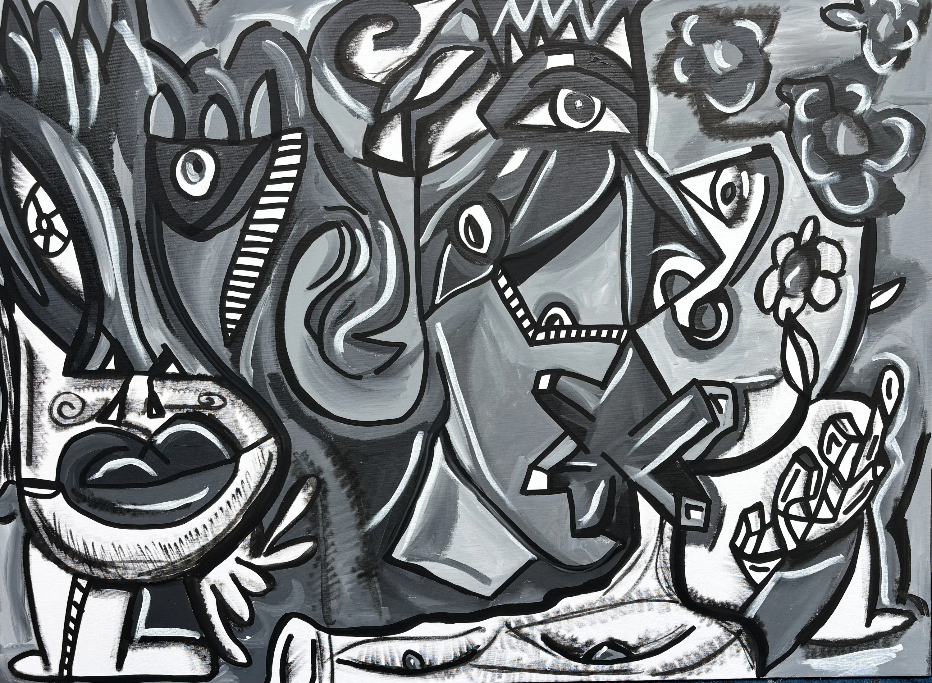 Rostros y ojos grandes con coronas y flores, pintados en negro, grises y blanco, con un labio grande abajo a la izquierda. Sin título. Acrílico sobre lienzo, 137 x 100 cm, 2026. Caracas. Nicolás Lapadula