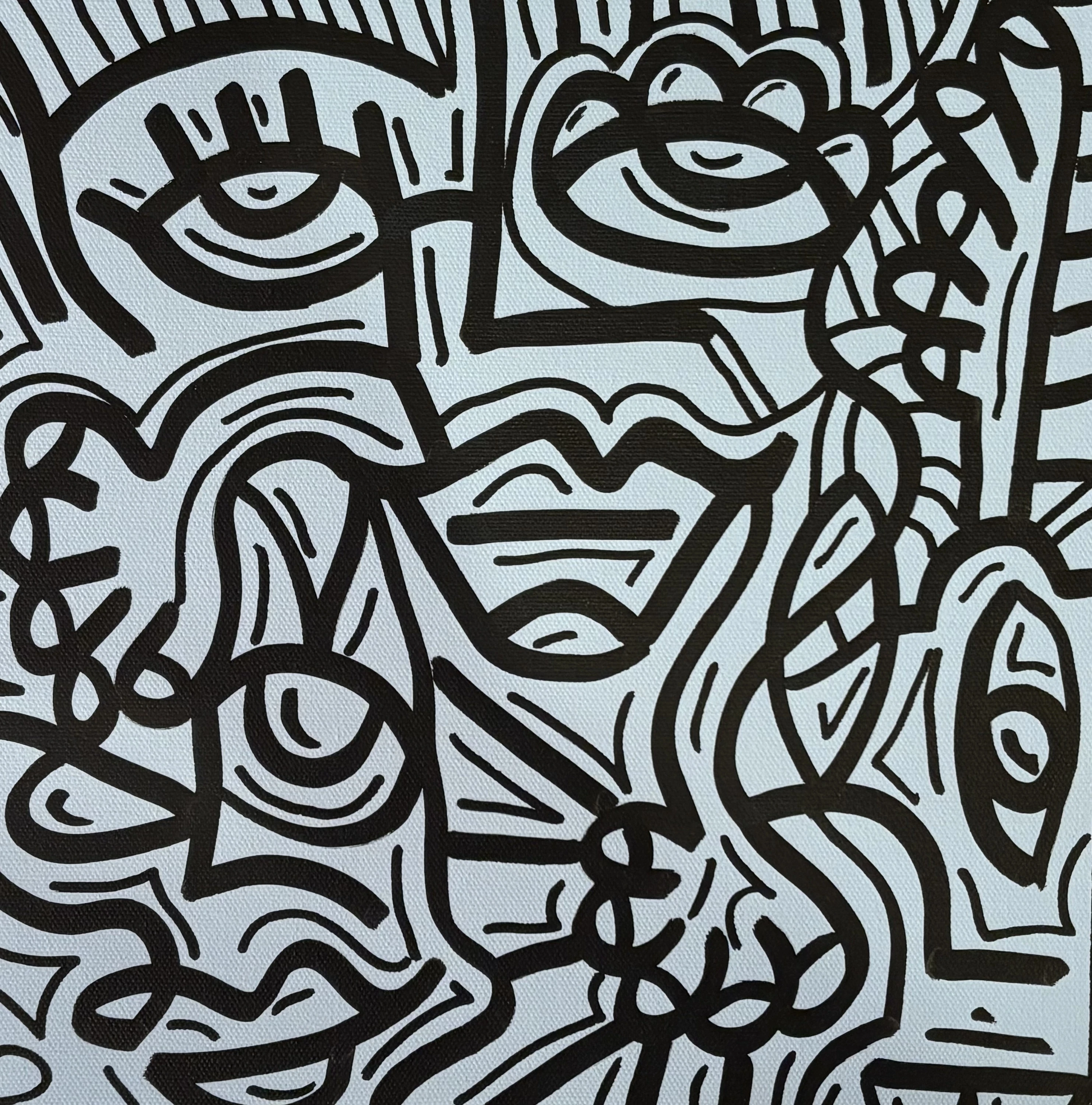 Ojos, labios y formas enroscadas en trazo negro sobre un fondo azul grisáceo claro, en una composición cuadrada. Sin título. Acrílico sobre lienzo, 30 x 30 cm, 2026. Caracas. Nicolás Lapadula