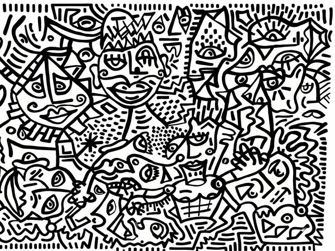 Multitud de rostros, ojos y figuras en línea negra sobre blanco, apretados por todo el lienzo, con rayas y puntos entre ellos. Sin título. Acrílico sobre lienzo, 253 x 150 cm, 2026. Caracas. Nicolás Lapadula