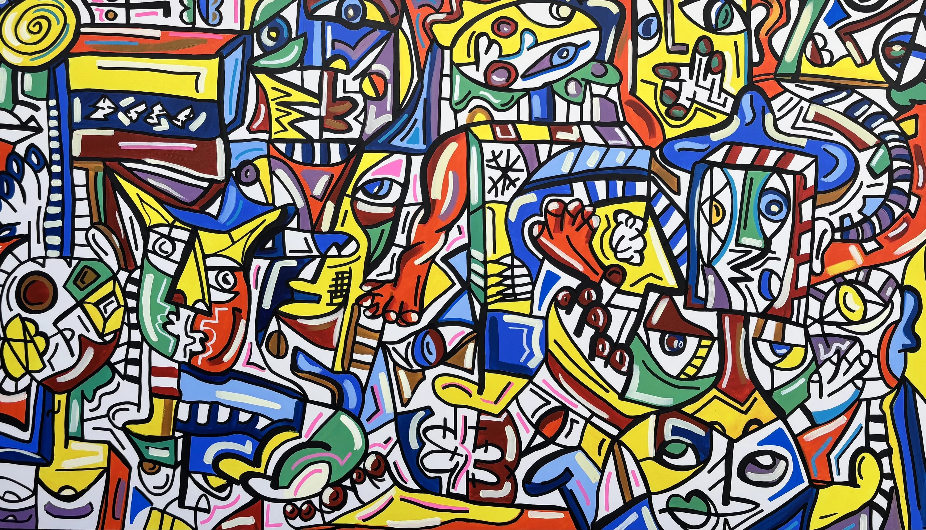 Multitud de rostros, manos y formas entrelazadas, con contorno negro y relleno amarillo, rojo, azul, verde y blanco, sin espacio vacío. Detalle de Sin título. Acrílico sobre lienzo