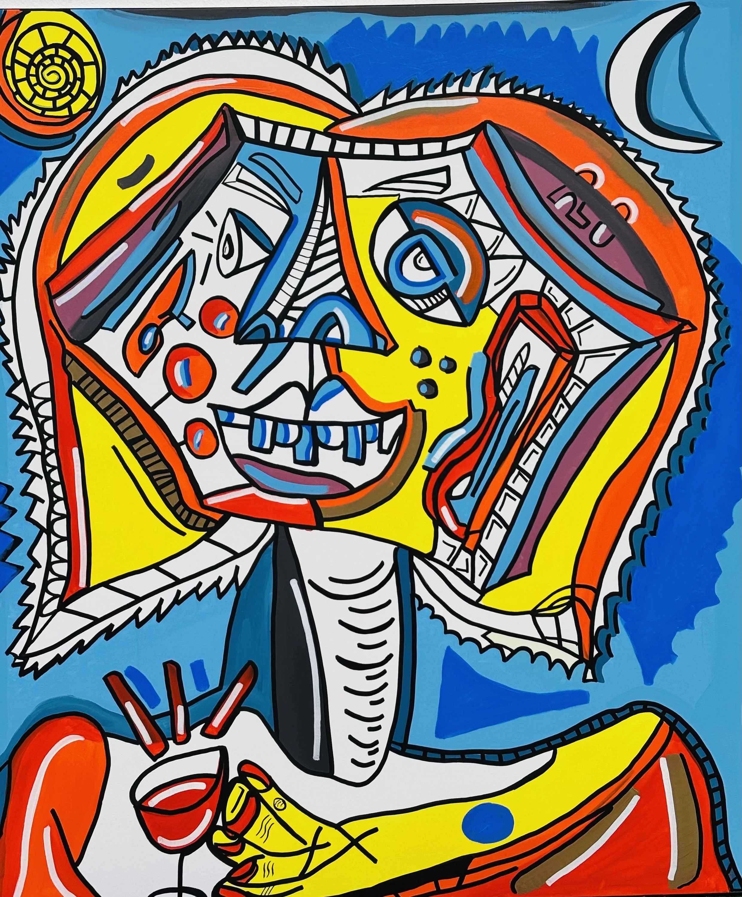 Figura de rostro amarillo y sonriente con cabello naranja y blanco, que sostiene una copa de vino, sobre fondo azul con sol y luna. Sin título. Acrílico sobre lienzo, 125 x 145 cm, 2026. Caracas. Nicolás Lapadula