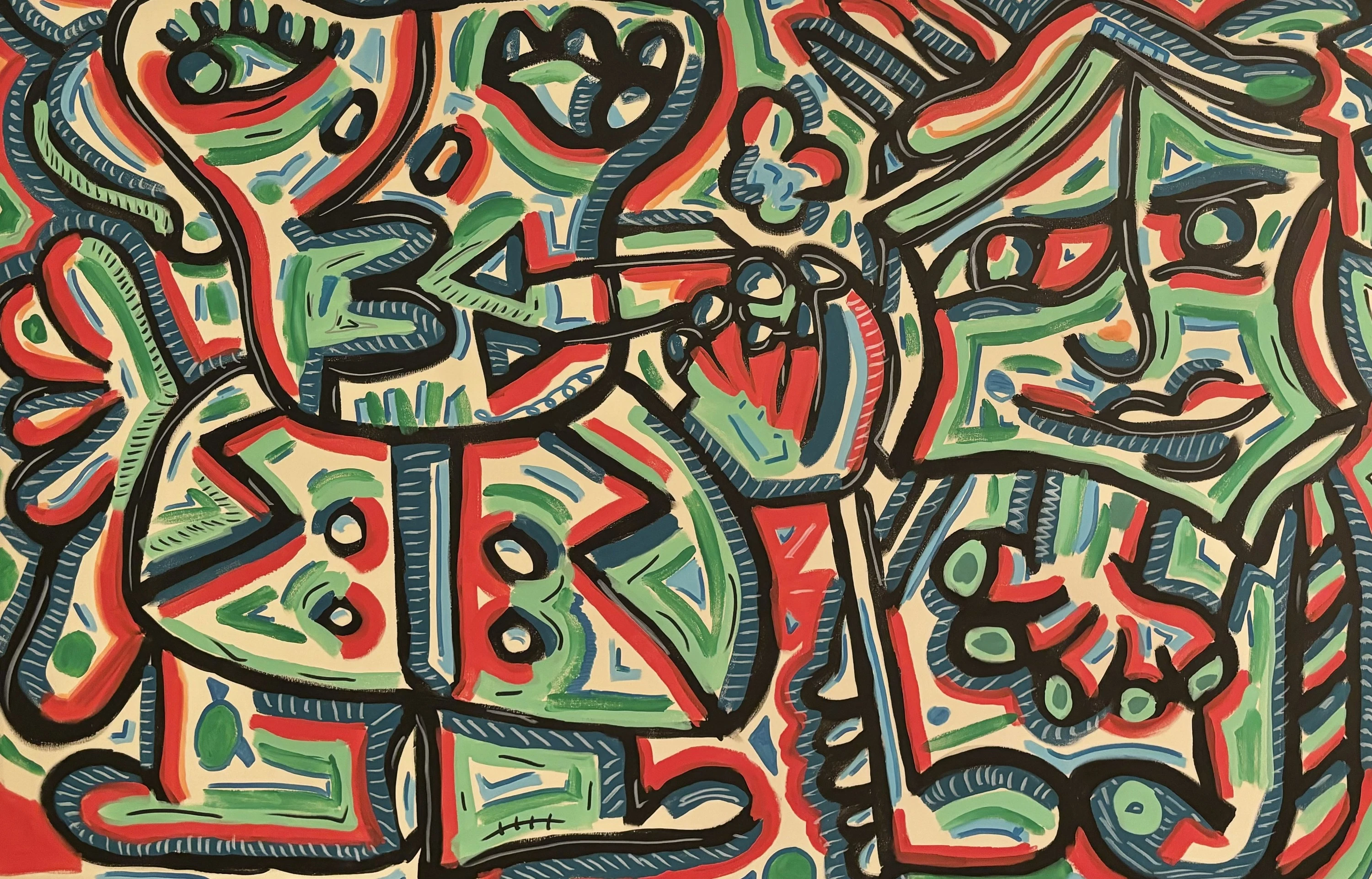 Dos figuras de rostro verde y rojo, con contorno negro grueso y rayas azules, sobre fondo crema con trazos rojos. Sin título. Acrílico sobre lienzo, 180 x 120 cm, 2026. Caracas. Nicolás Lapadula