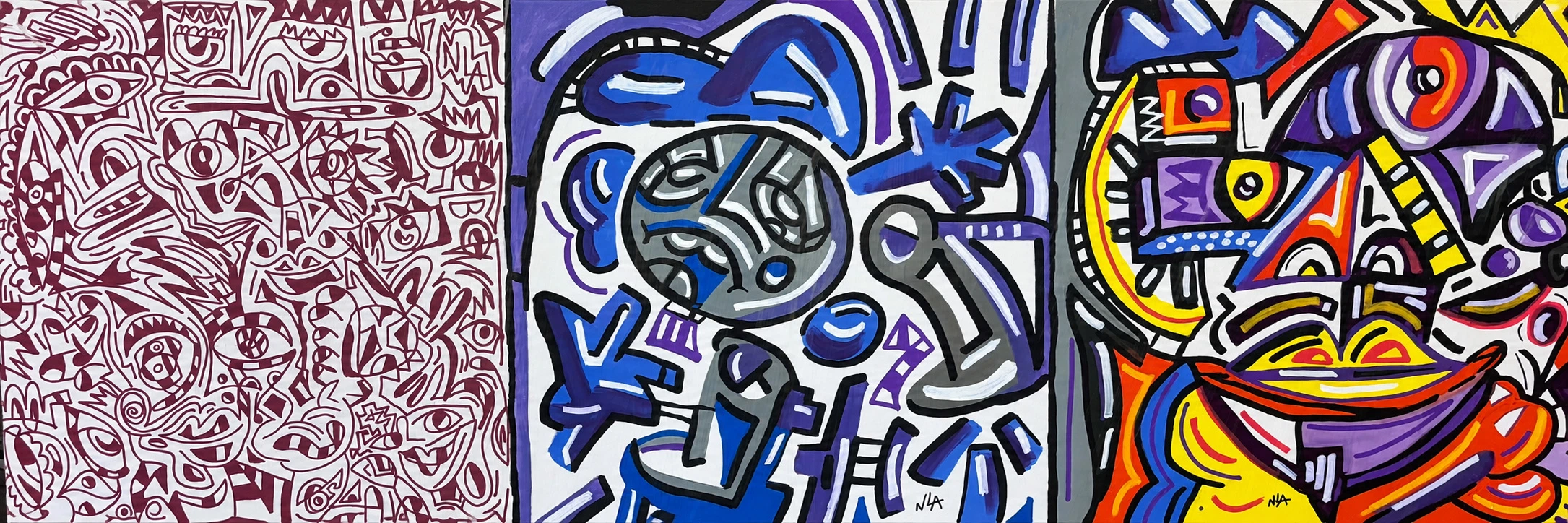 Tres paneles juntos: uno burdeos con dibujo lineal fino, uno azul y blanco con figura gris, y uno amarillo, rojo y violeta. Sin título. Acrílico sobre lienzo, 150 x 60 cm, 2026. Caracas. Nicolás Lapadula