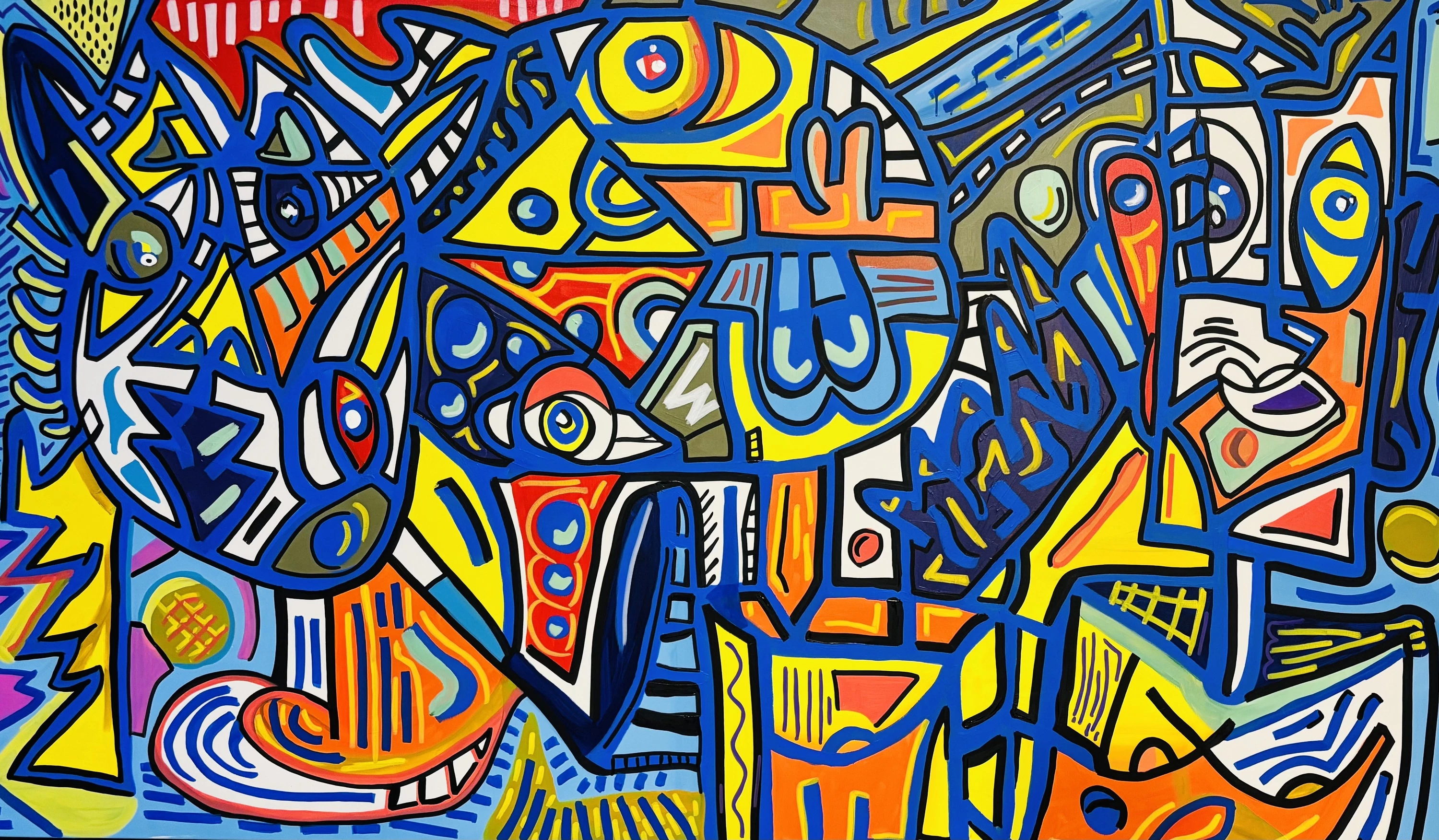 Rostros y figuras fragmentados con contorno azul oscuro, rellenos amarillos, naranjas y blancos, y un gran ojo al centro. Sin título. Acrílico sobre lienzo, 250 x 144 cm, 2026. Caracas. Nicolás Lapadula