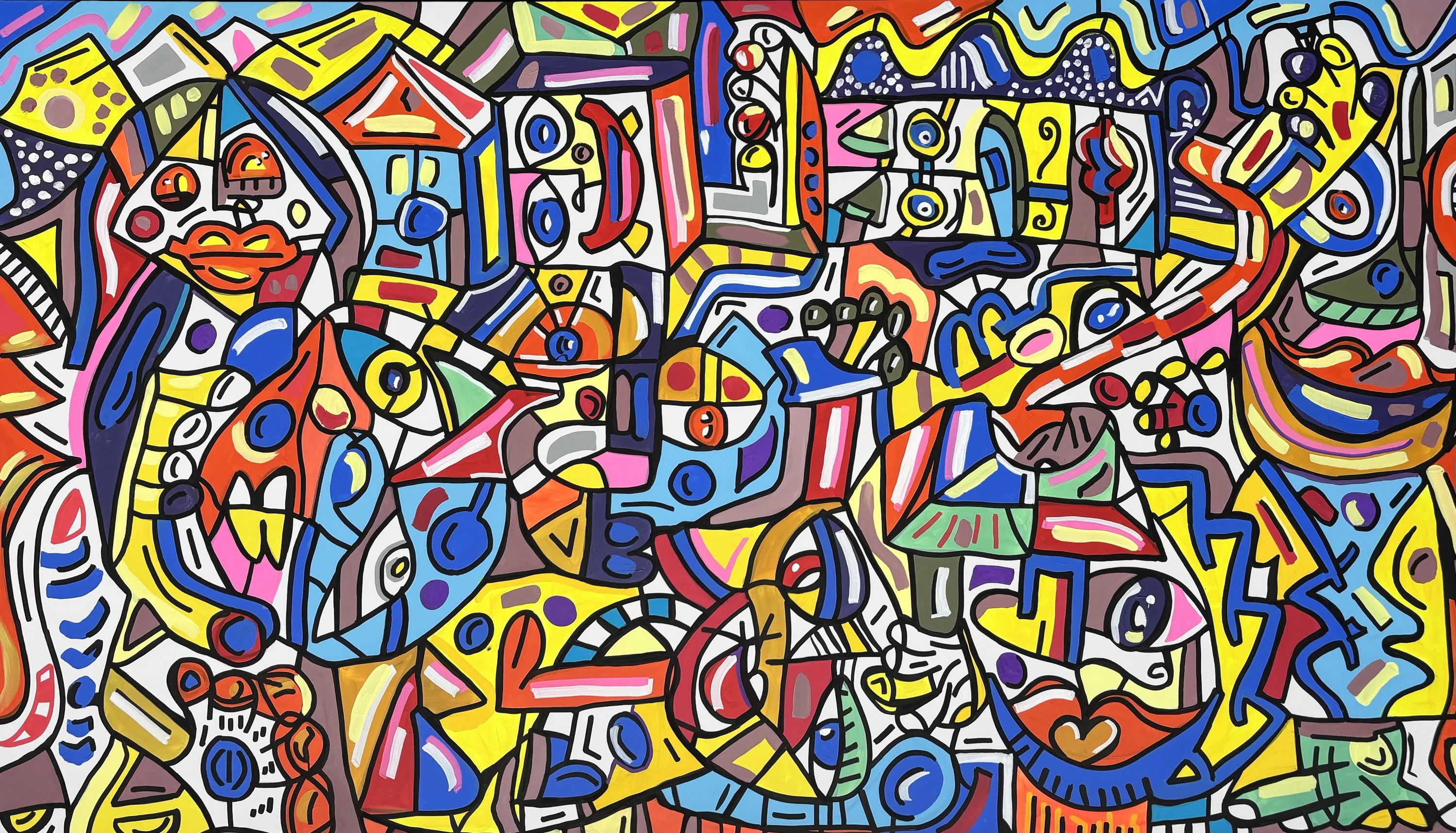 Mosaico denso de rostros, ojos y manos con contorno negro, en amarillo, rojo, azul, rosa, verde y blanco, de borde a borde. Sin título. Acrílico sobre lienzo, 250 x 144 cm, 2026. Caracas. Nicolás Lapadula